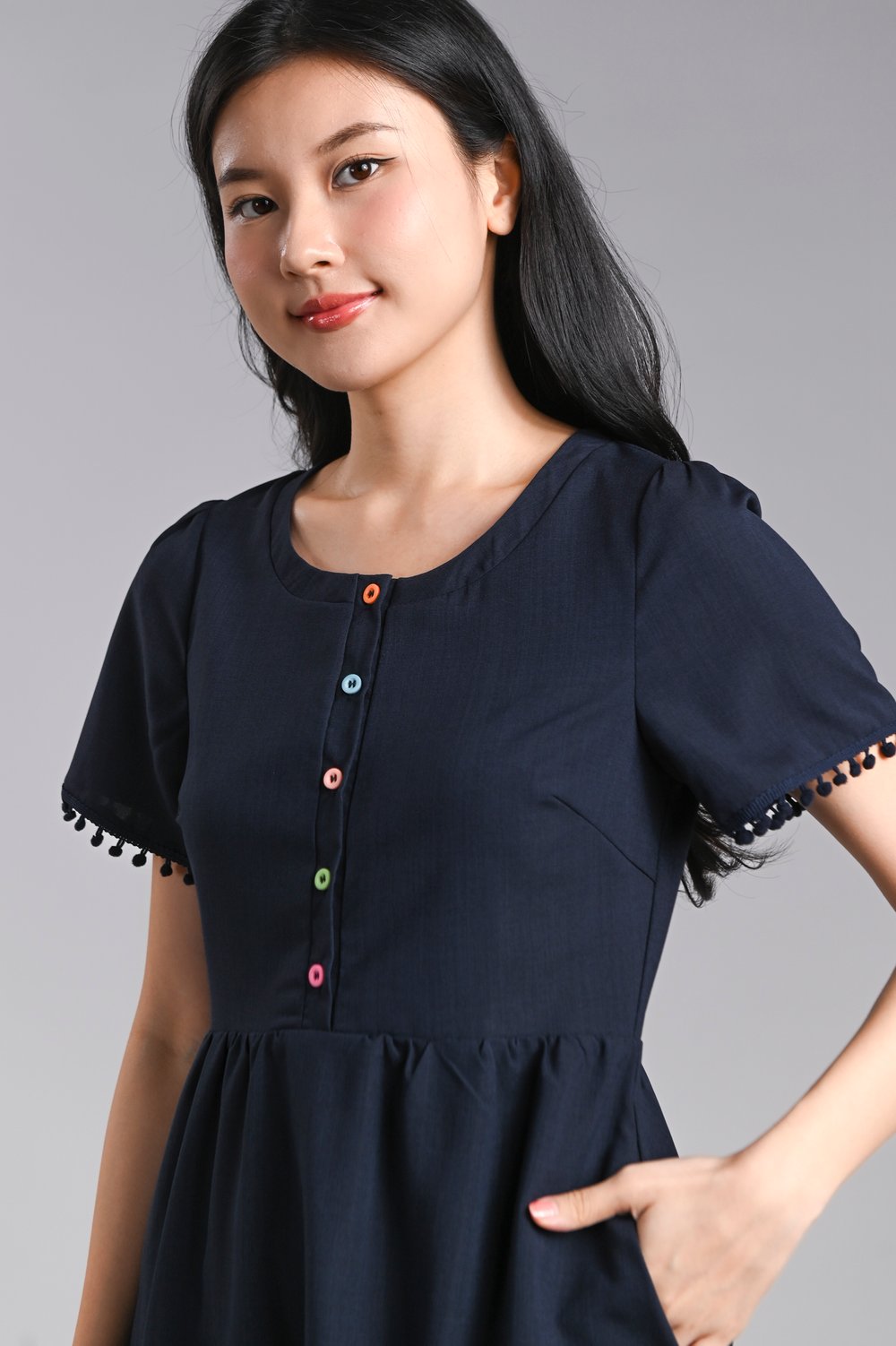 SABINE SLEEVED BUTTON POMPOM DRESS IN NAVY