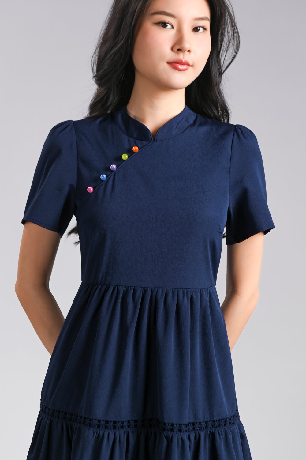 XIAOYANZI CHEONGSAM TIERED MIDAXI DRESS IN NAVY