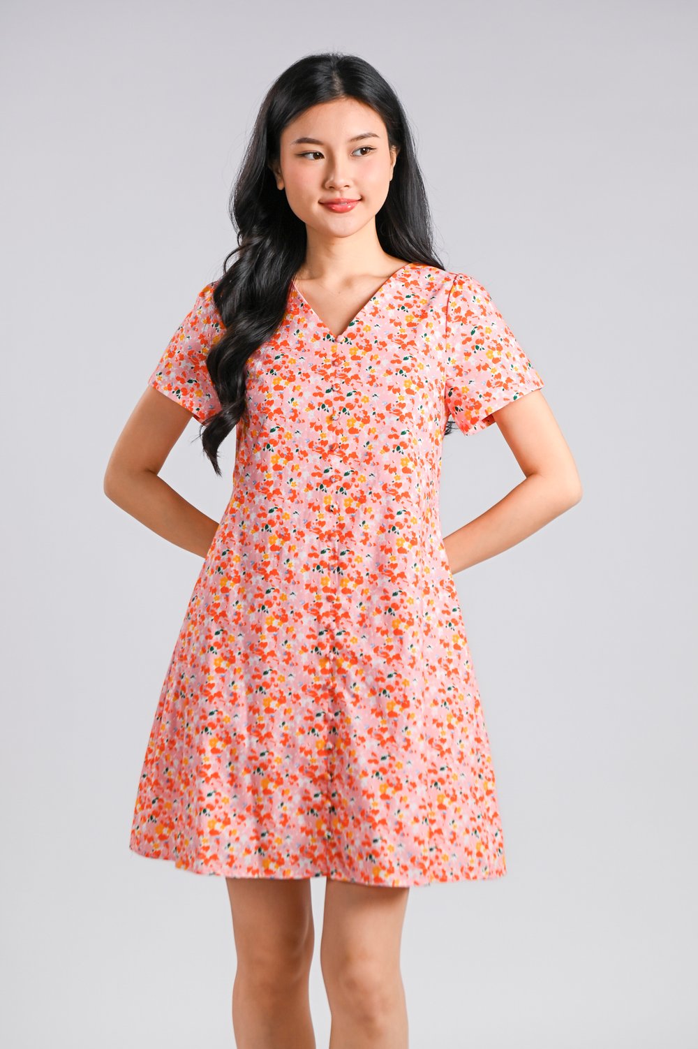 CORALIEA V-NECK SLEEVED BUTTON DRESS IN PINK/ORANGE FLORAL