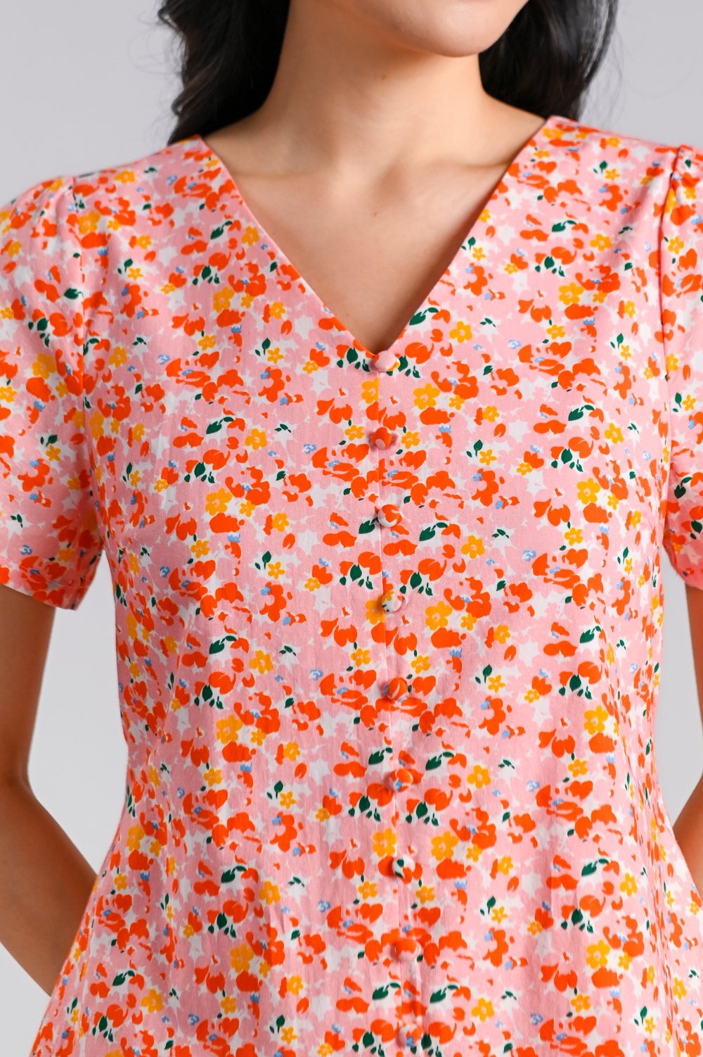 CORALIEA V-NECK SLEEVED BUTTON DRESS IN PINK/ORANGE FLORAL