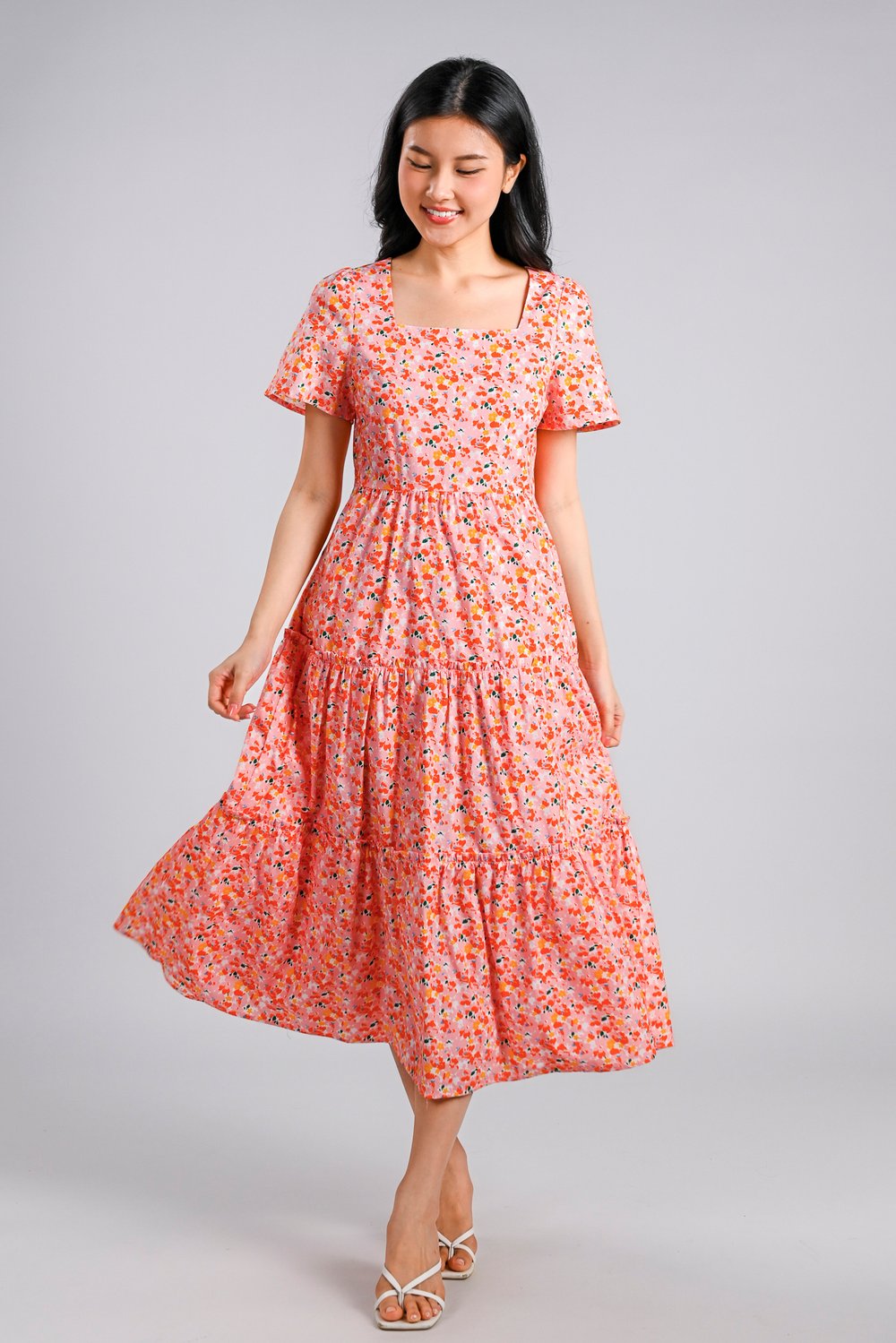 KEATON SQUARE-NECK SLEEVED TIERED DRESS IN PINK/ORANGE FLORAL