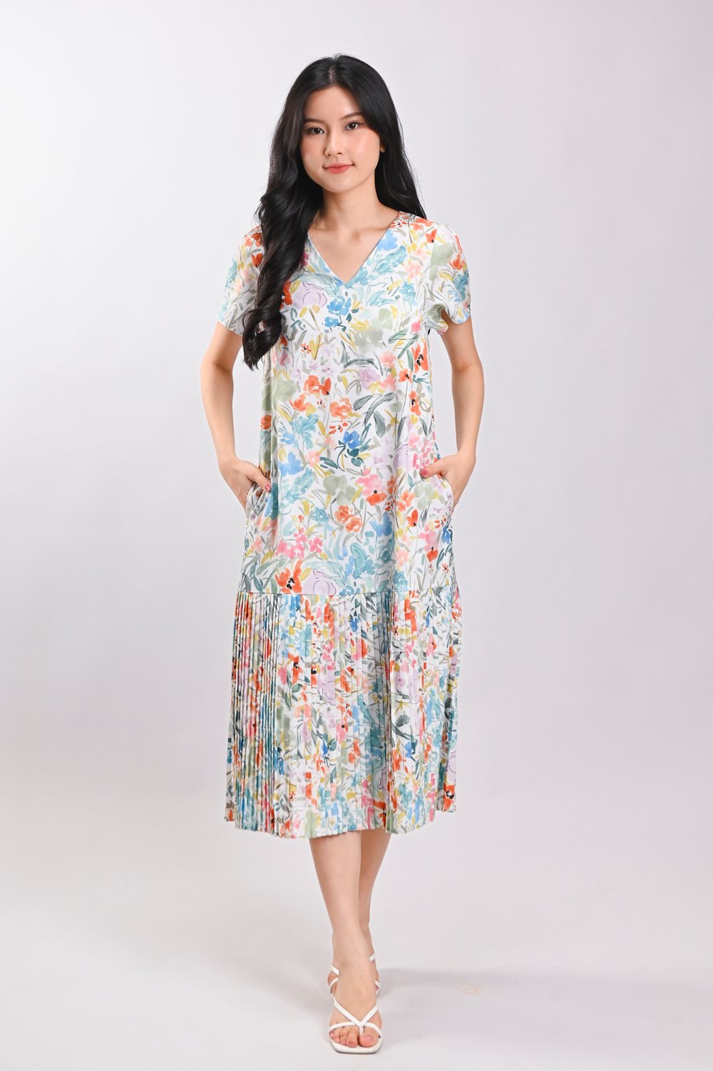 LEILA SLEEVED PLEAT-PANEL MIDI DRESS IN WATERCOLOUR