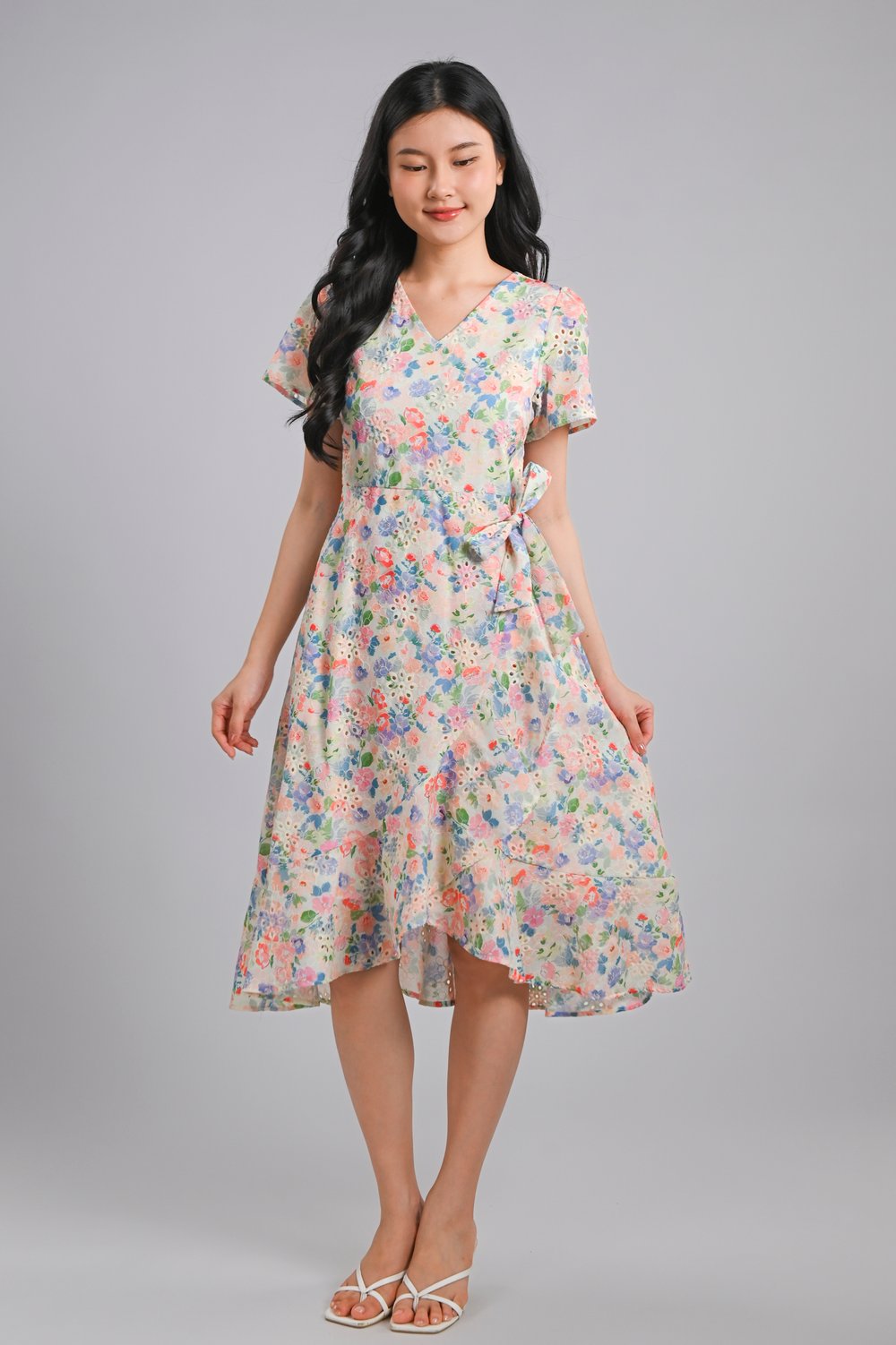ZIWEI EYELET FLORAL SLEEVED RUFFLE MIDI DRESS