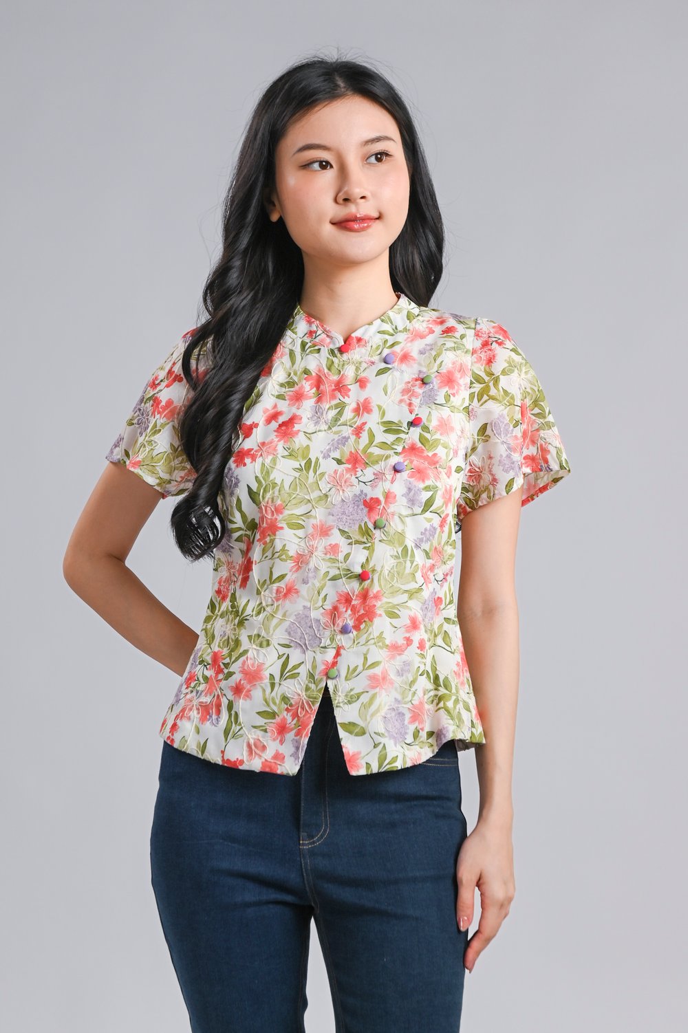 KEHUI RED FLORAL SLEEVED CHEONGSAM TOP