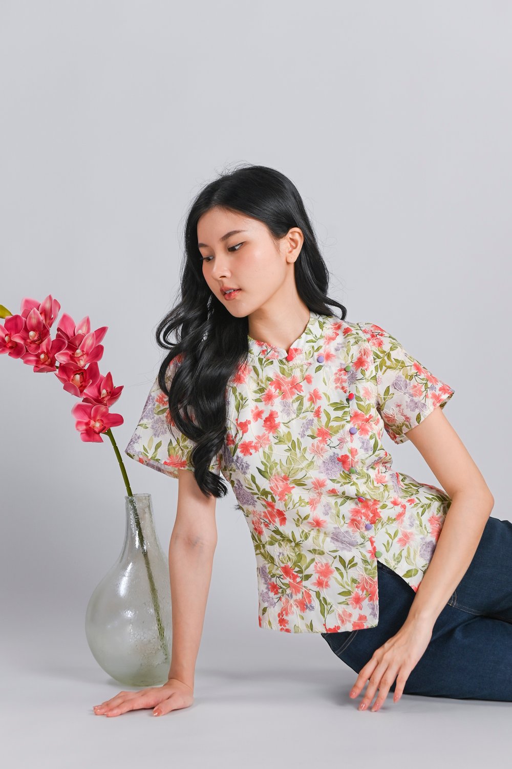 KEHUI RED FLORAL SLEEVED CHEONGSAM TOP