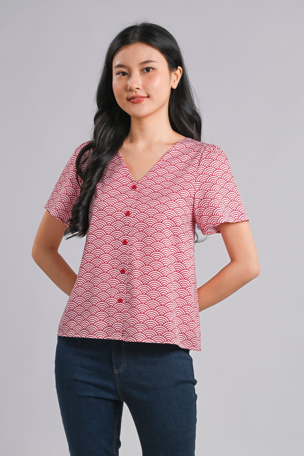 SUGOI RED SLEEVED BUTTON TOP