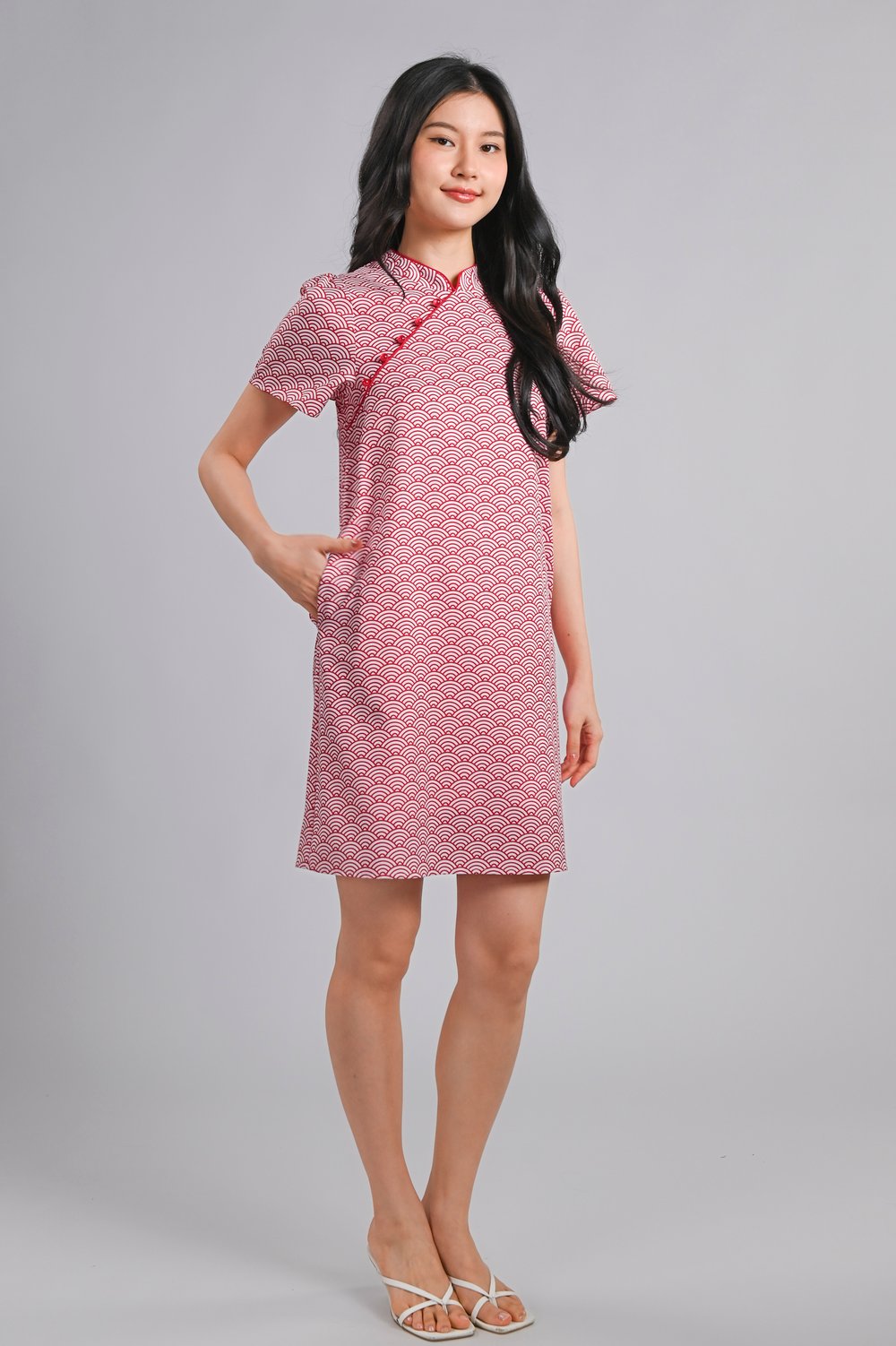 SUGOI RED SLEEVED SHIFT CHEONGSAM DRESS