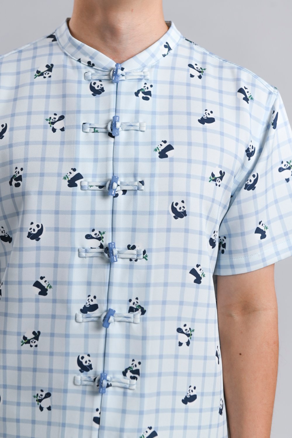 PANDA PARTY BLUE MANDARIN-COLLAR SHIRT