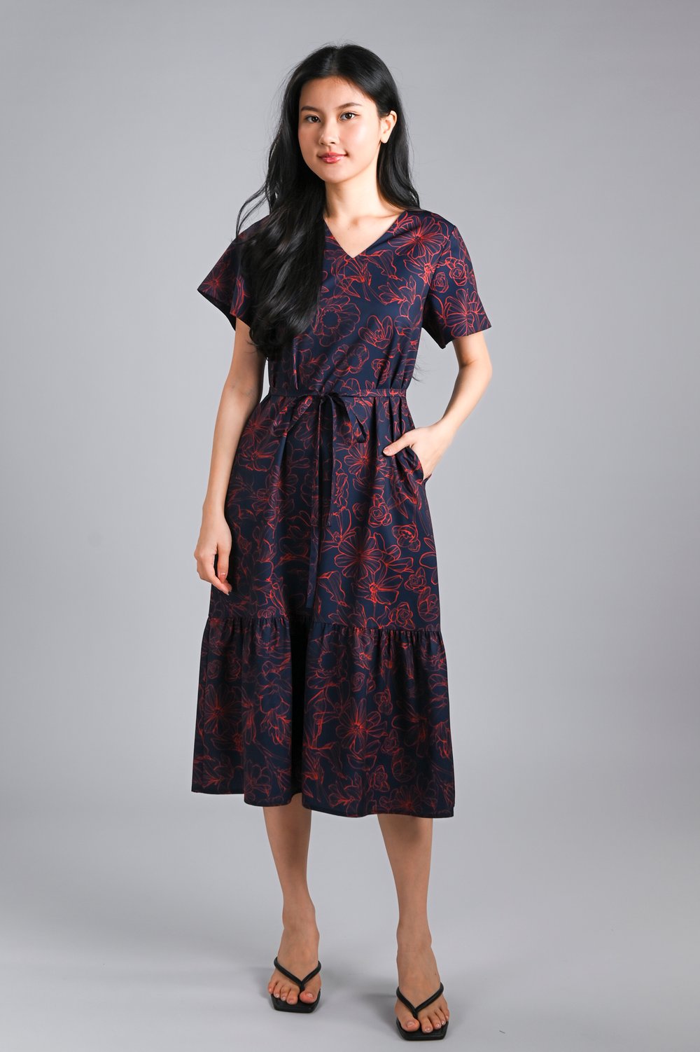 EMBER GLOW V-NECK SLEEVED A-LINE DRESS