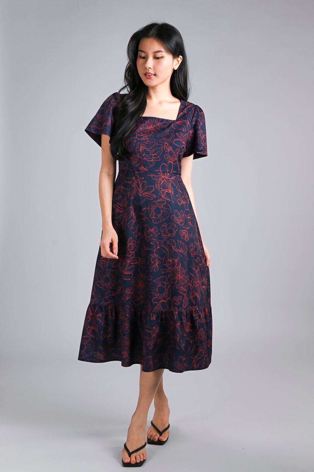 EMBER GLOW SQUARE-NECK SLEEVED MIDI DRESS