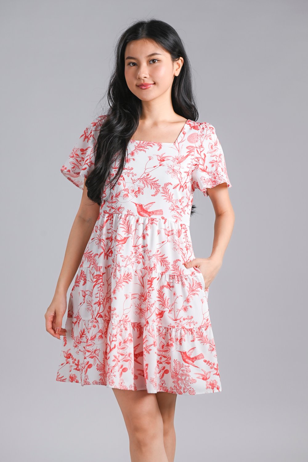 RED HUMMINGBIRD SQUARE-NECK BABYDOLL DRESS