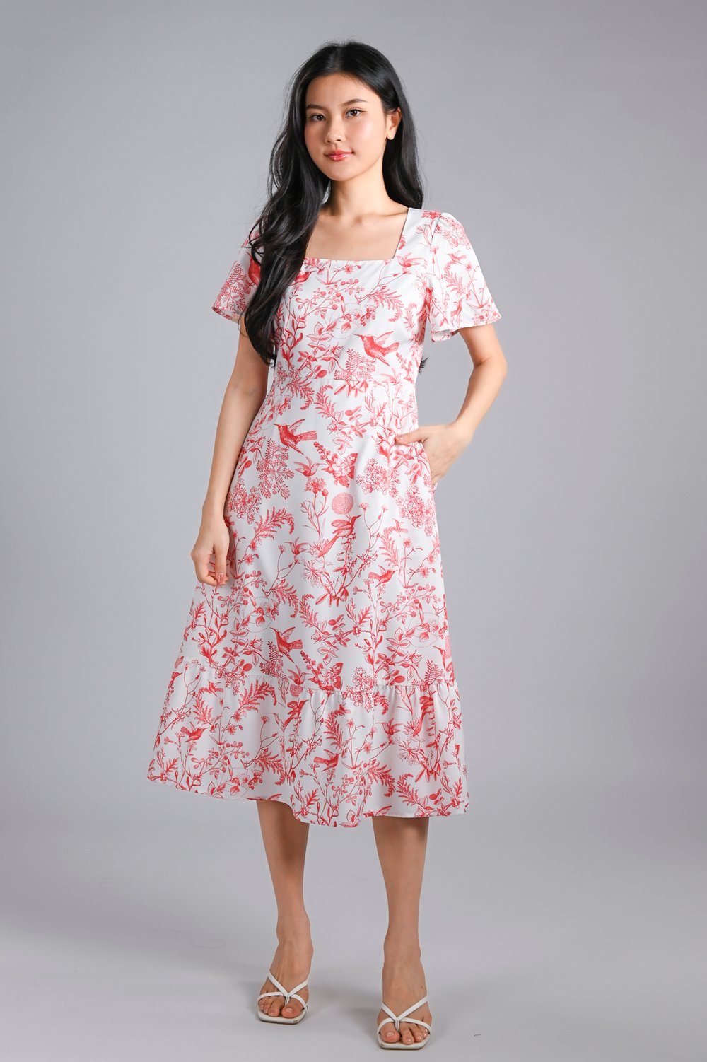 RED HUMMINGBIRD SQUARE-NECK SLEEVED MIDI DRESS