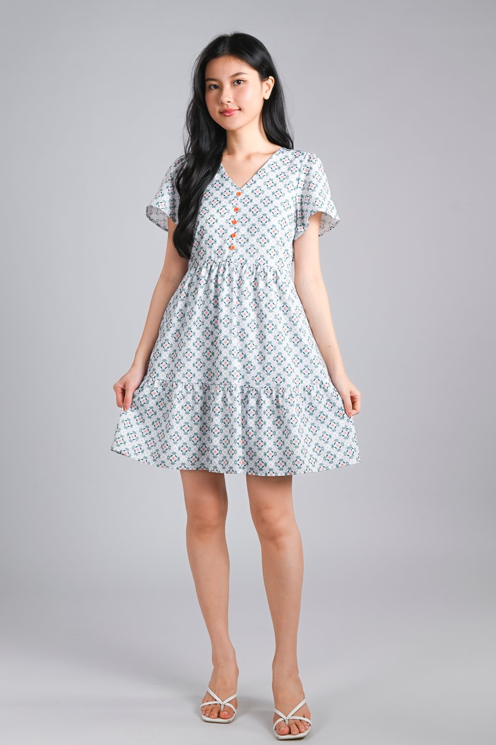 WHITE JADE SLEEVED BUTTON FLOUNCE DRESS