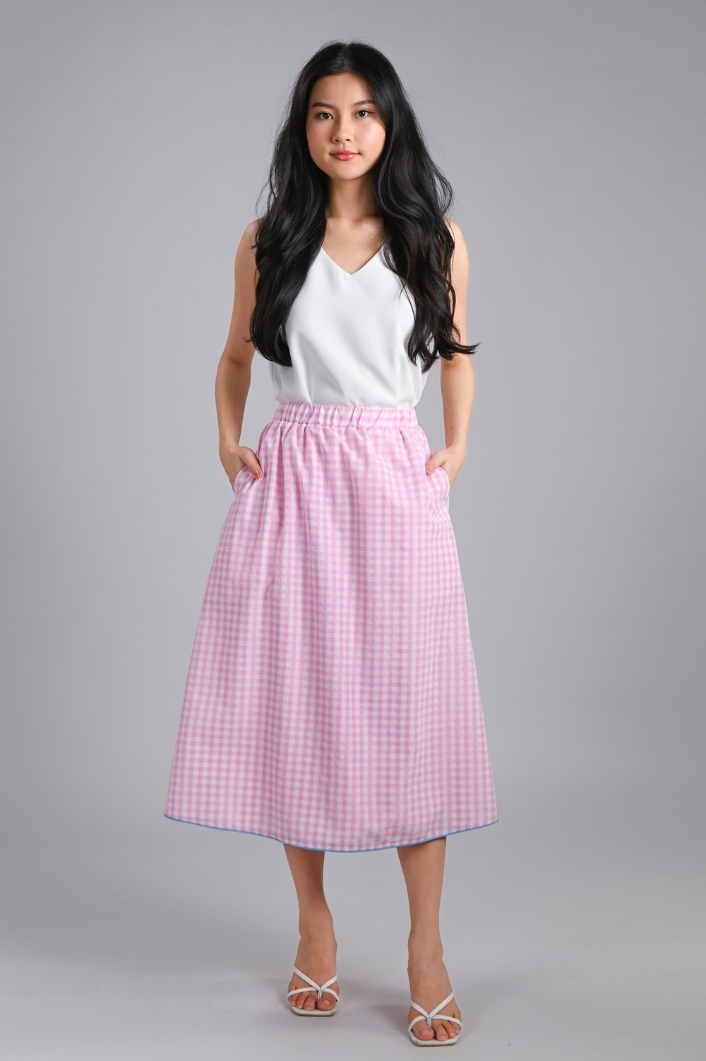 LOTTIE GINGHAM ELASTIC-WAIST SKIRT IN PINK