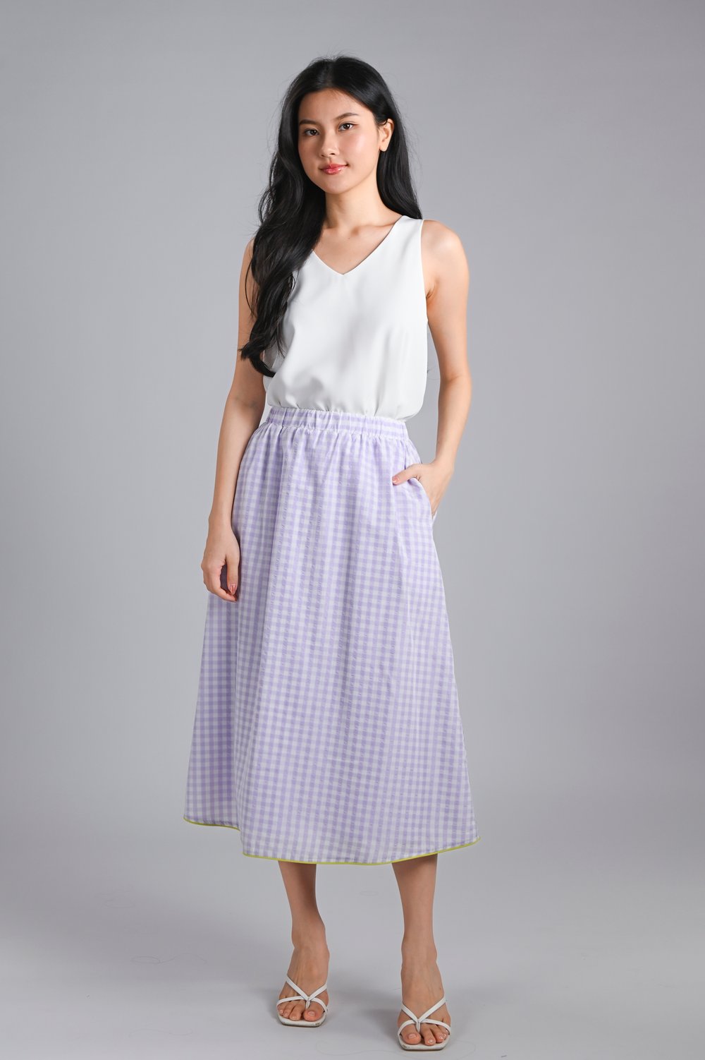 LOTTIE GINGHAM ELASTIC-WAIST SKIRT IN LILAC