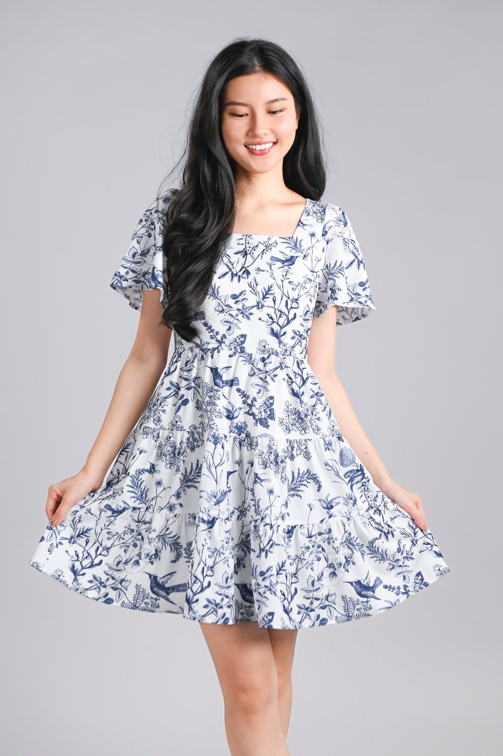 NAVY HUMMINGBIRD SQUARE-NECK BABYDOLL DRESS