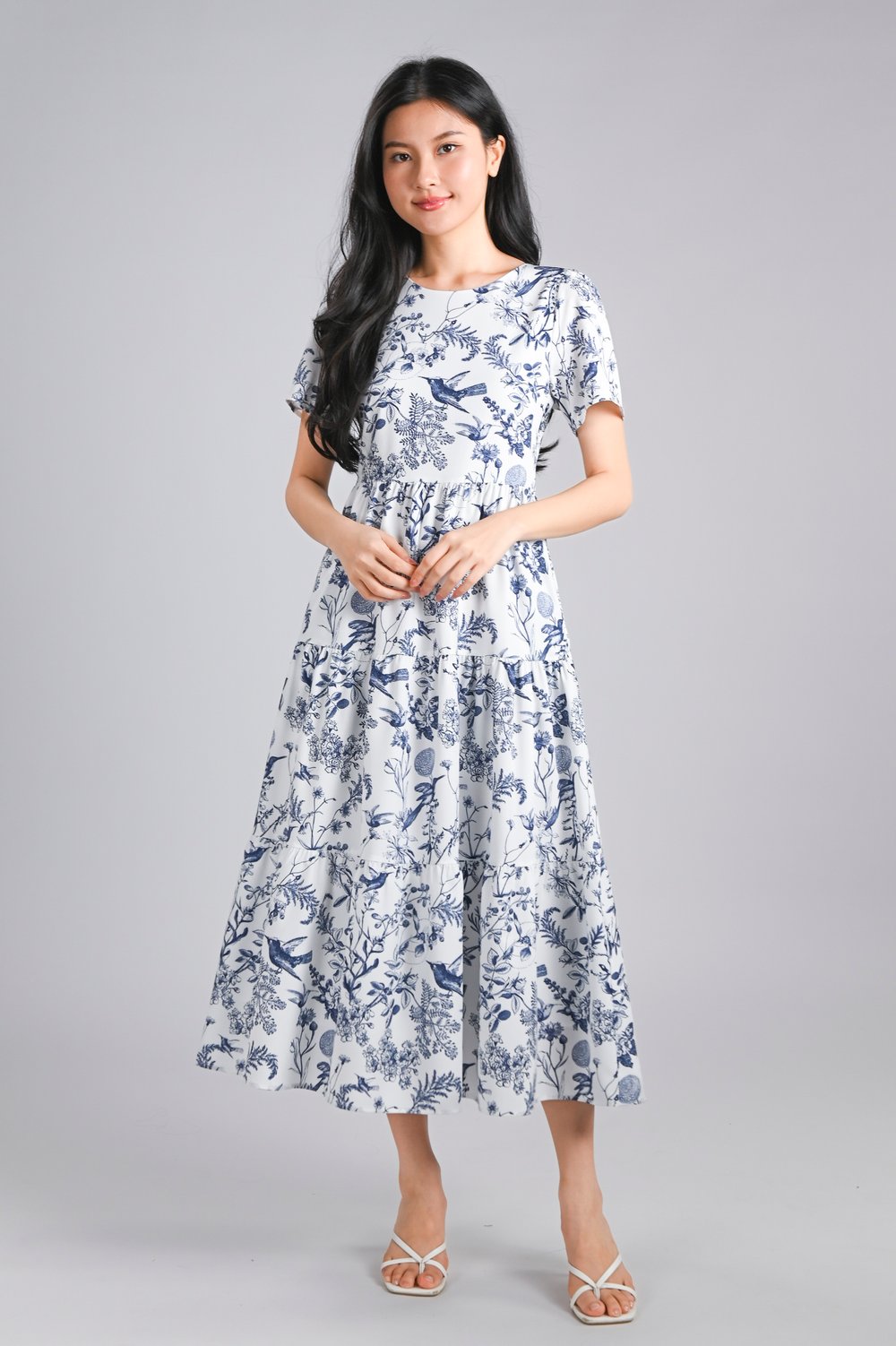 NAVY HUMMINGBIRD TIERED MIDAXI DRESS