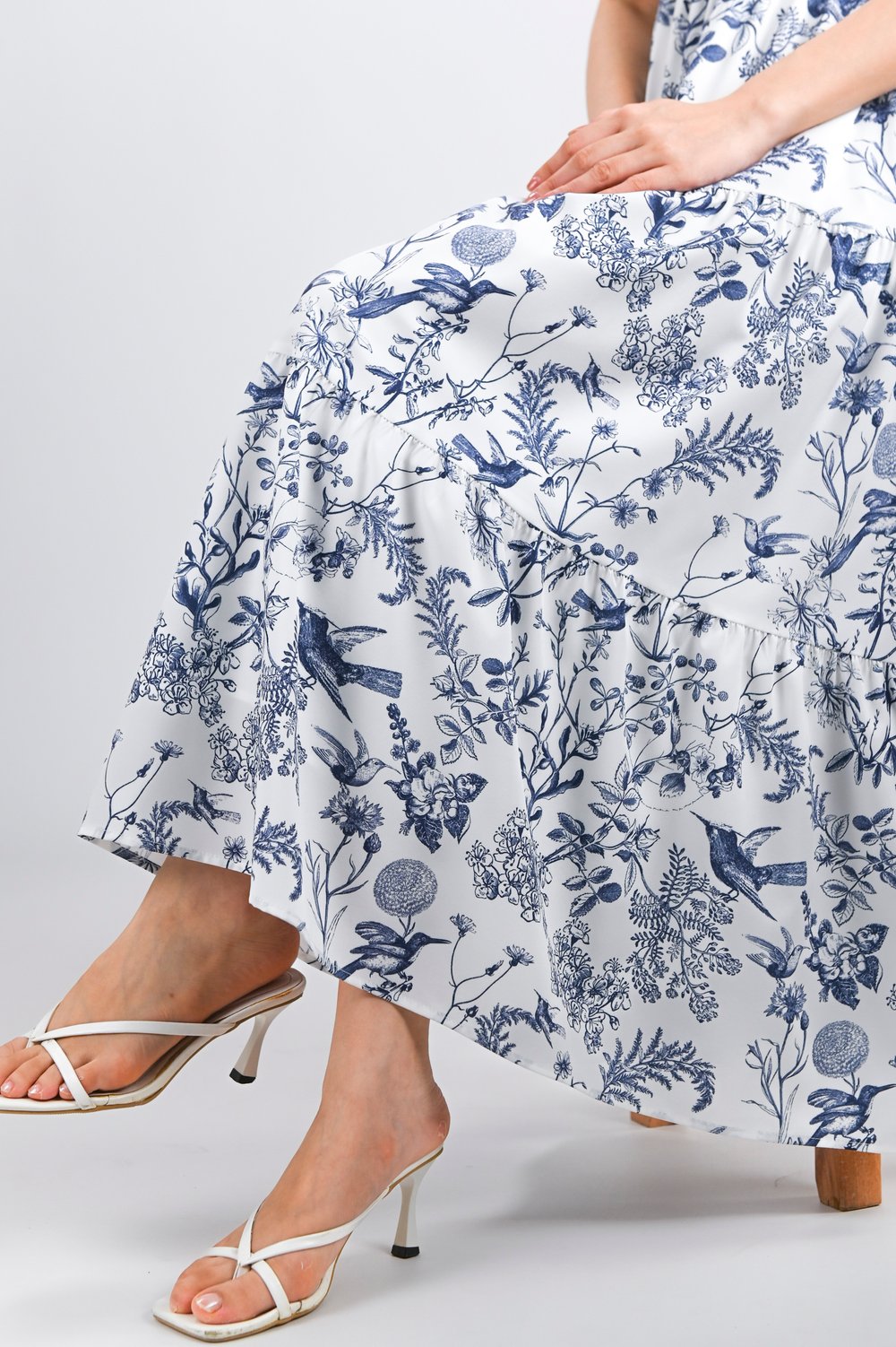 NAVY HUMMINGBIRD TIERED MIDAXI DRESS