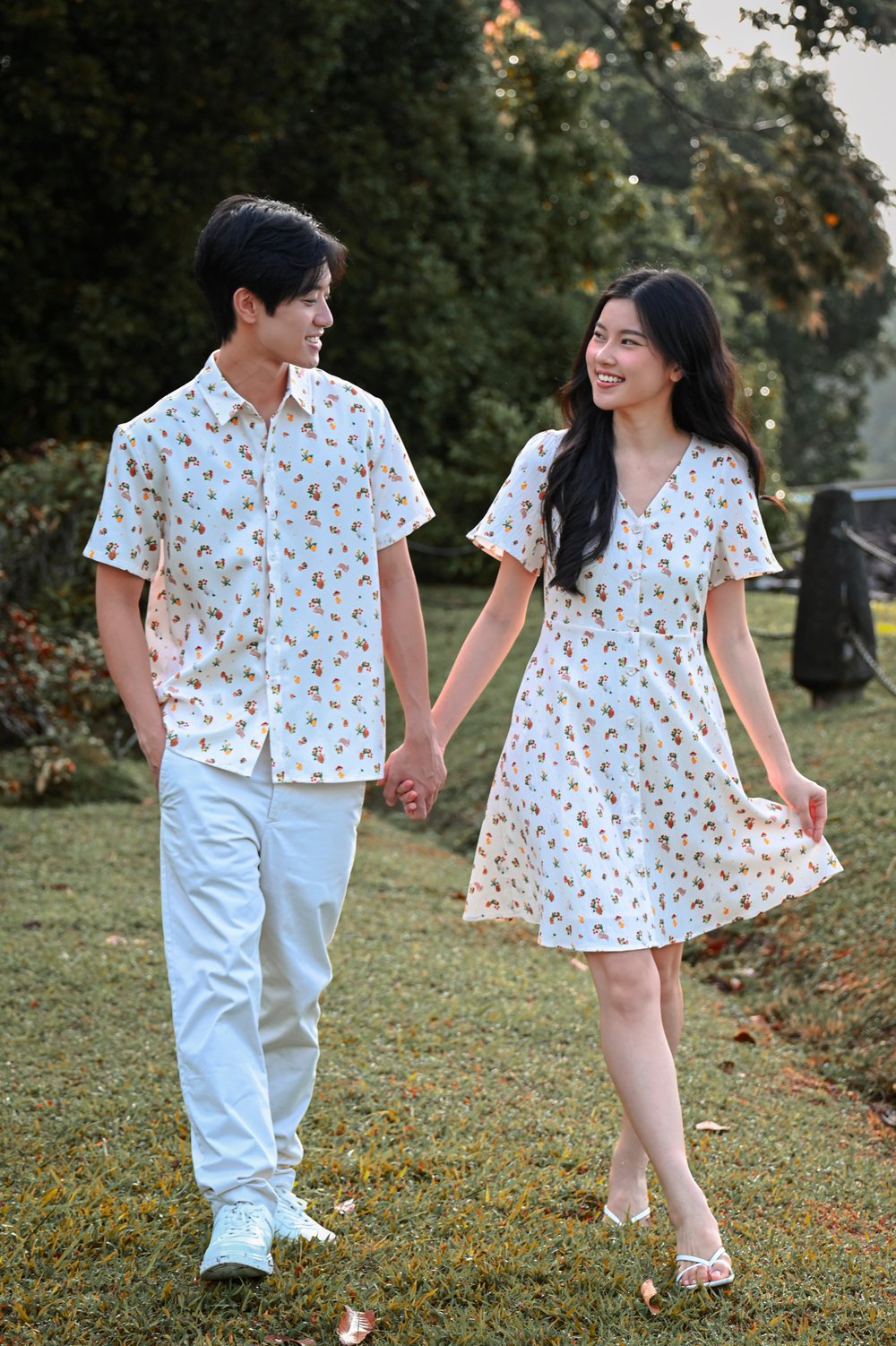 CREAM GENTLE GARDENS V-NECK SLEEVED BUTTON DRESS