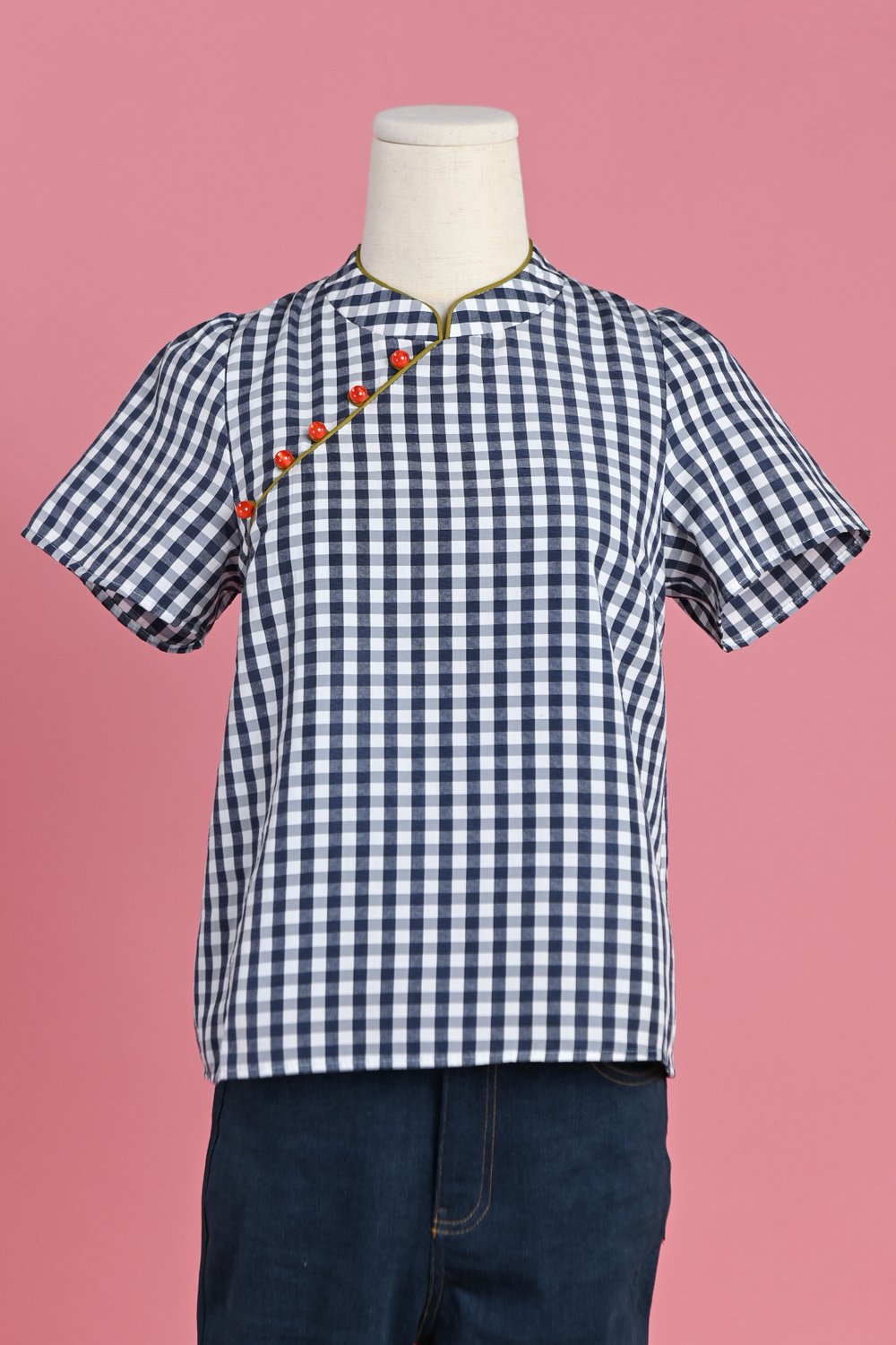 HATTIE GINGHAM CHEONGSAM TOP IN NAVY