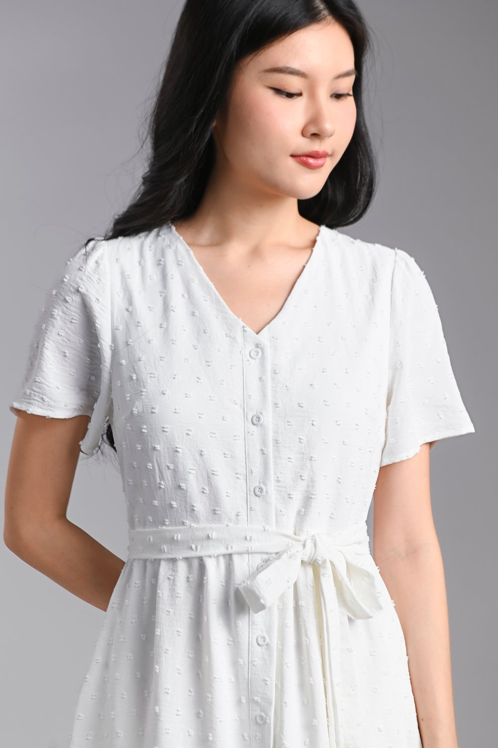 CECILY SWISS DOT SLEEVED BUTTON DRESS IN WHITE