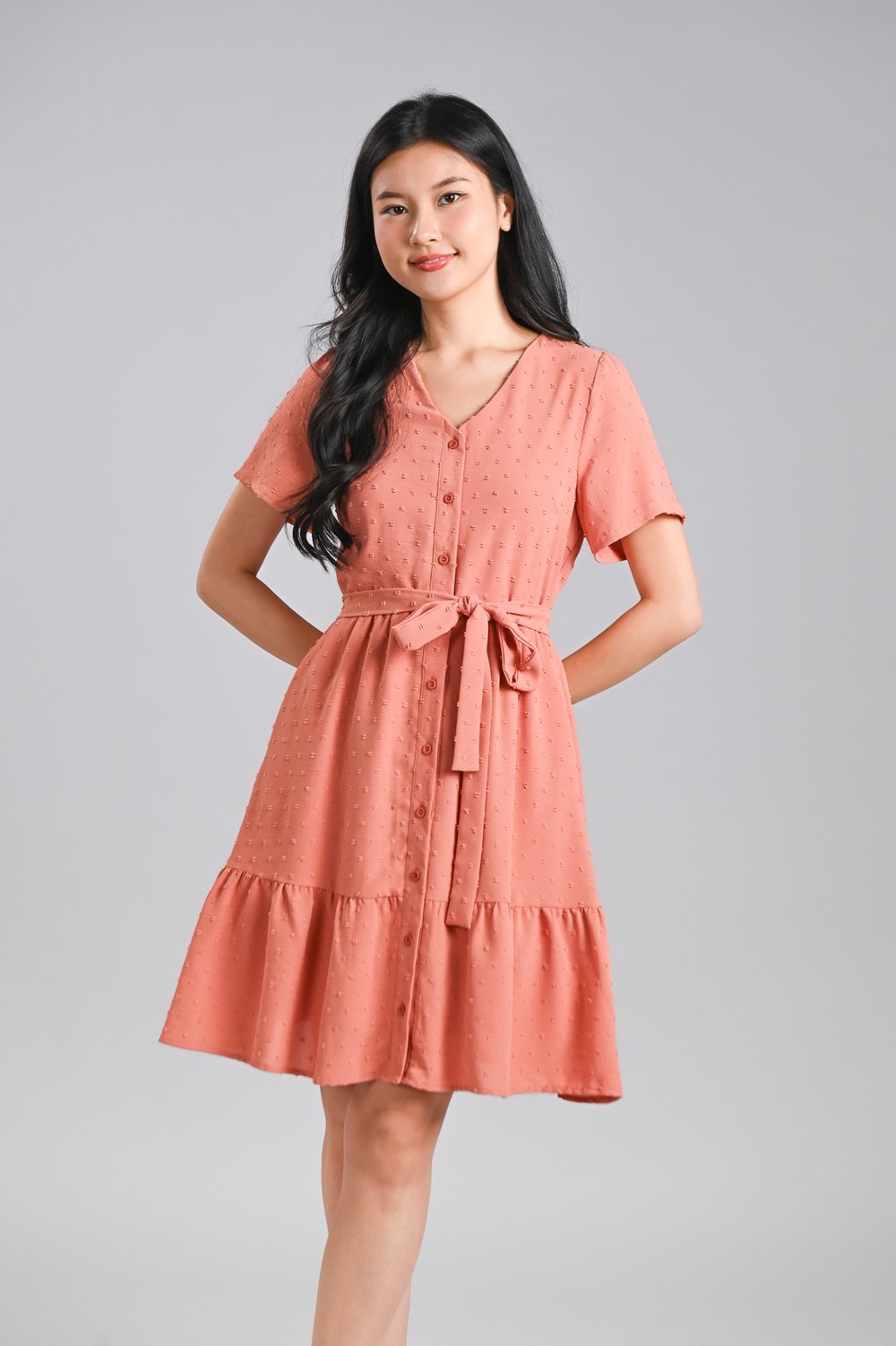 CECILY SWISS DOT SLEEVED BUTTON DRESS IN ORANGE