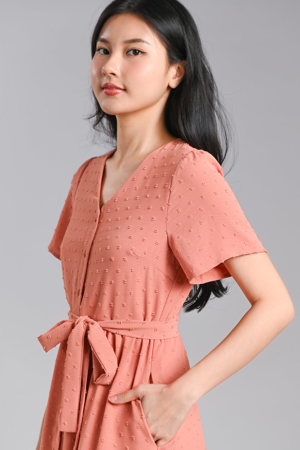 CECILY SWISS DOT SLEEVED BUTTON DRESS IN ORANGE