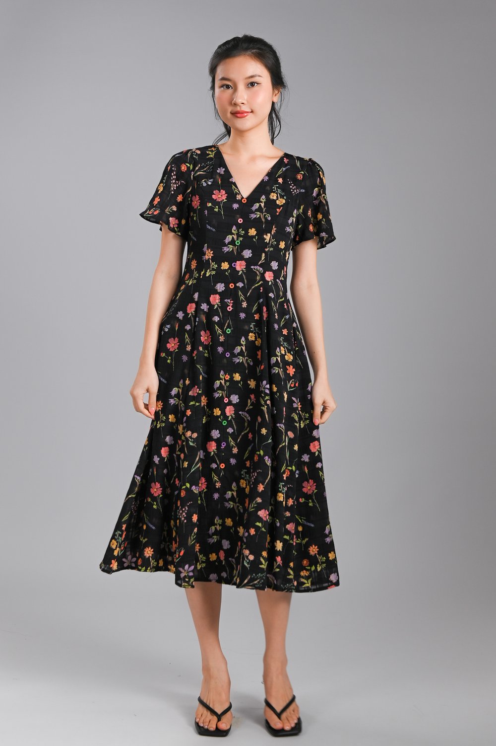 LUCCI BLACK FLORAL SLEEVED BUTTON MIDI DRESS