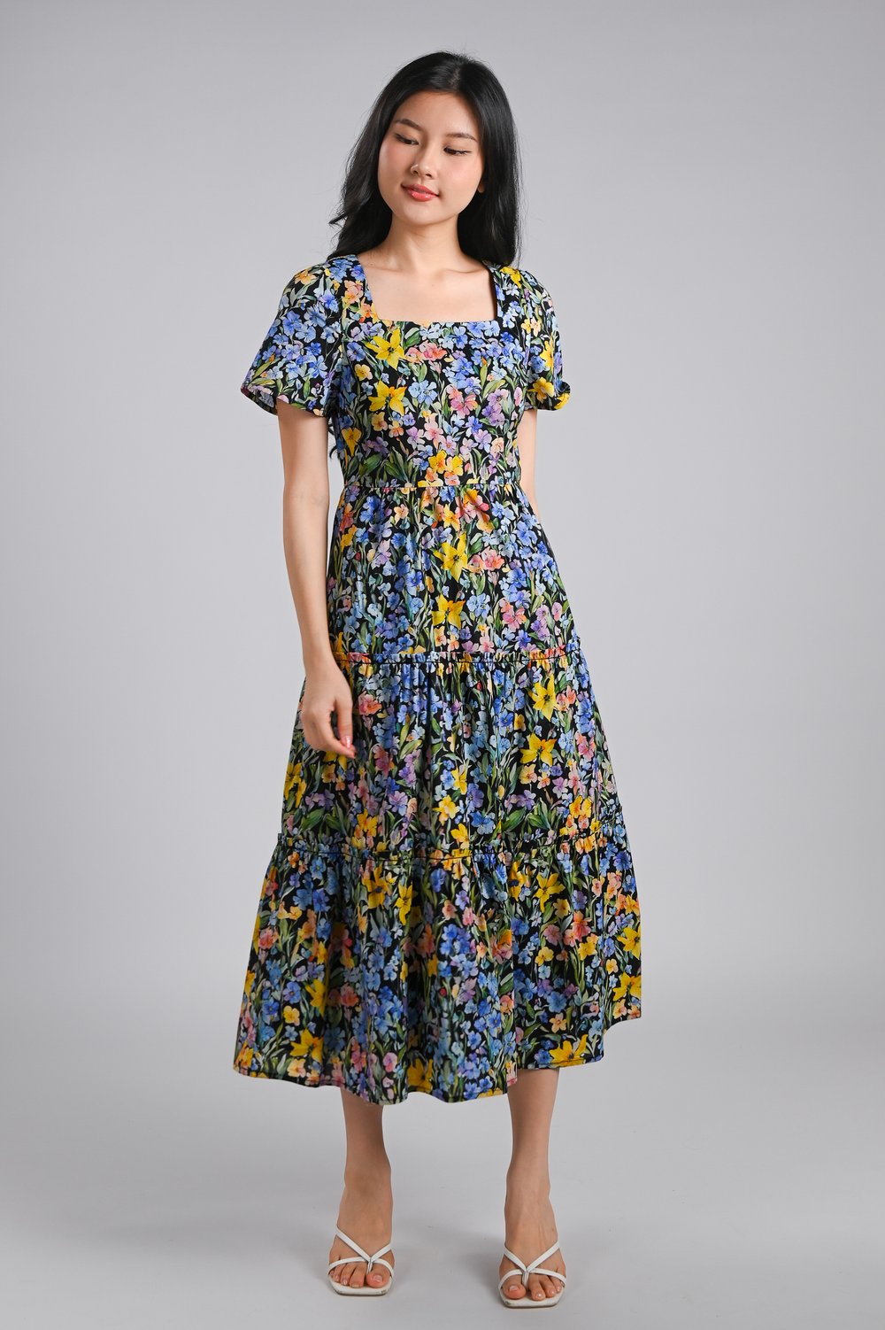 KEATON SQUARE-NECK TIERED DRESS IN BLACK VIBRANT