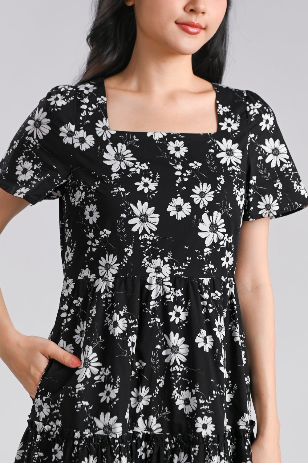 KEATON SQUARE-NECK TIERED DRESS IN BLACK MONO