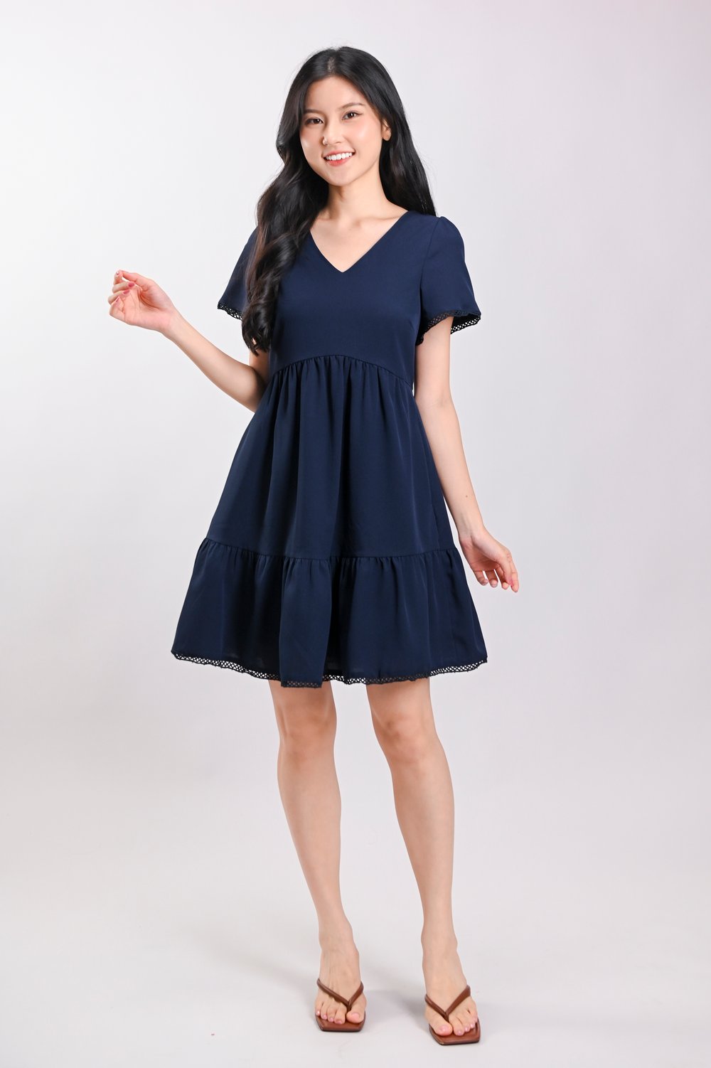 LIVIA LACE-TRIM SLEEVED DRESS IN NAVY