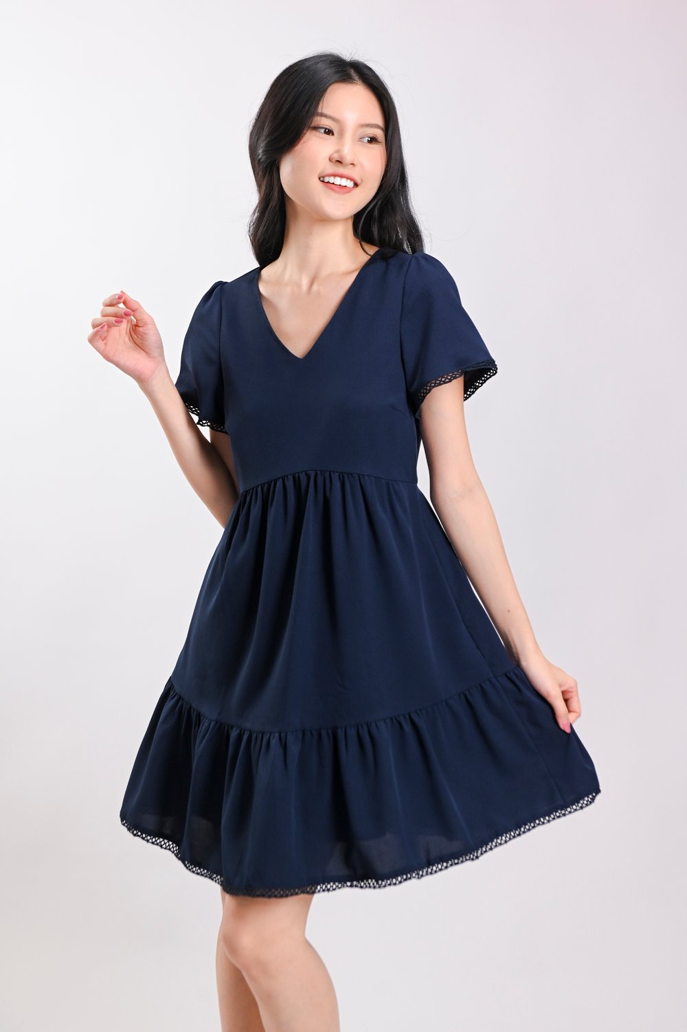 LIVIA LACE-TRIM SLEEVED DRESS IN NAVY
