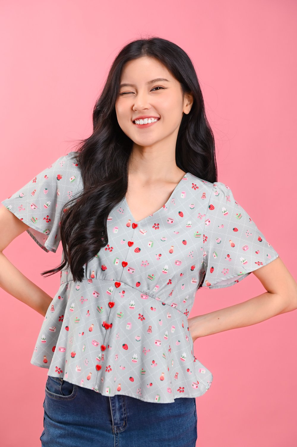 STRAWBERRY MATCHA SLEEVED PEPLUM TOP