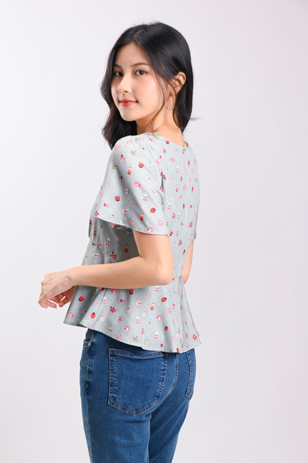 STRAWBERRY MATCHA SLEEVED PEPLUM TOP