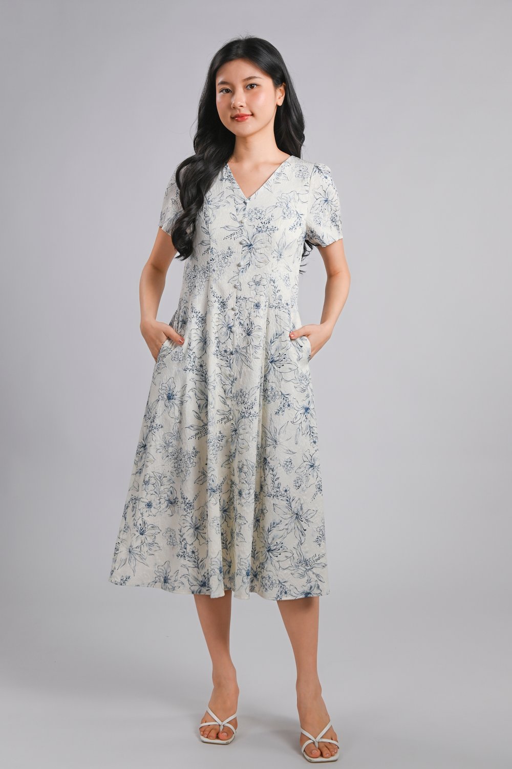 MELIORA FLORAL V-NECK SLEEVED BUTTON MIDI DRESS