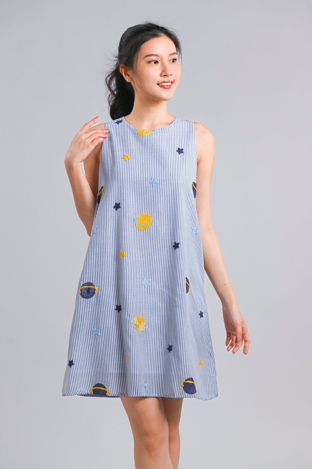 GALAXY EMB. CUT-OUT BACK A-LINE DRESS IN STRIPES