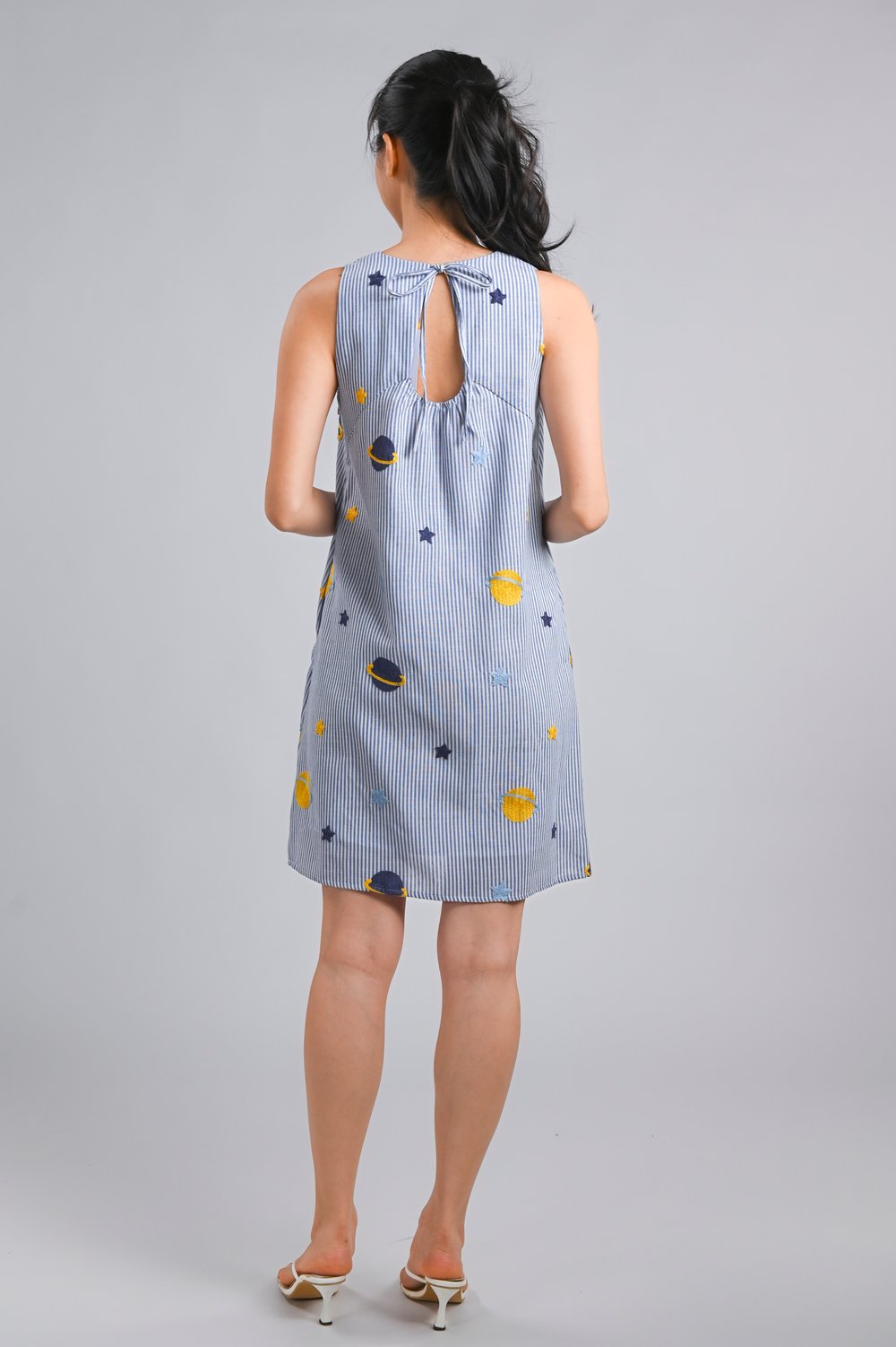 GALAXY EMB. CUT-OUT BACK A-LINE DRESS IN STRIPES