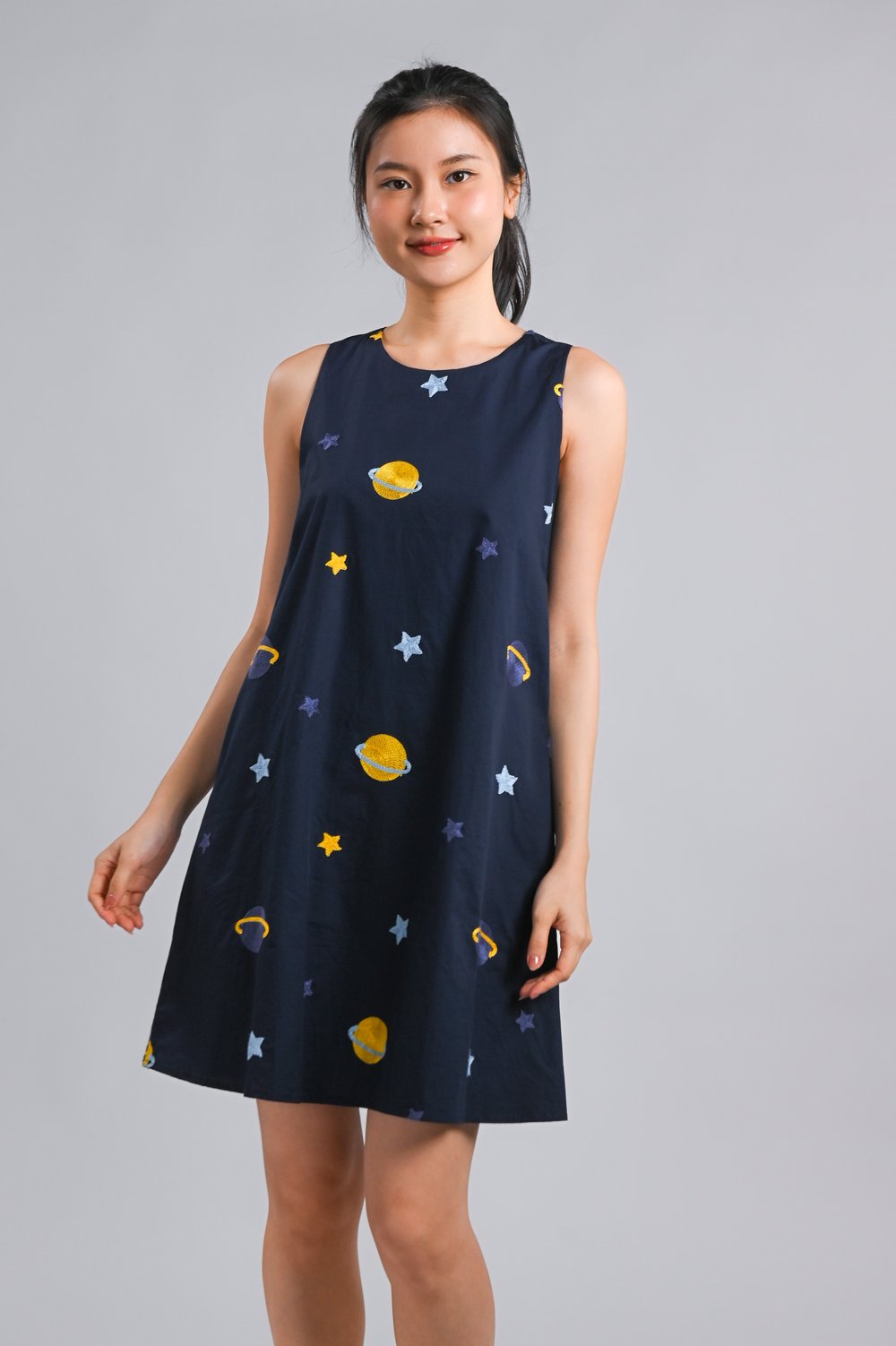 GALAXY EMB. CUT-OUT BACK A-LINE DRESS IN NAVY