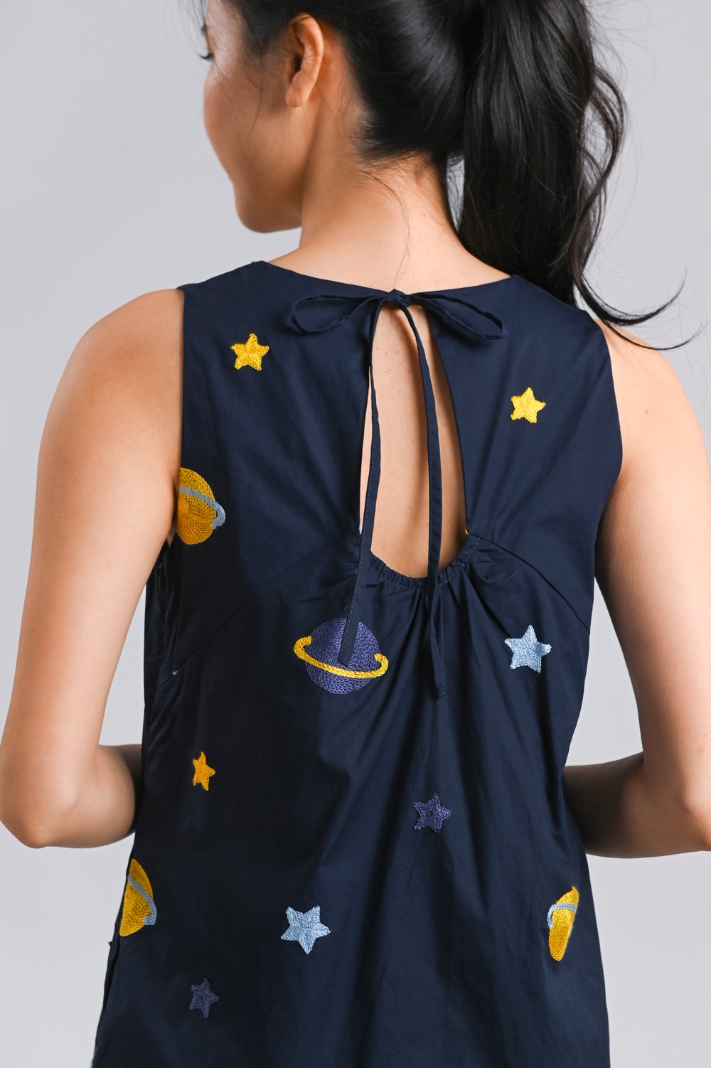 GALAXY EMB. CUT-OUT BACK A-LINE DRESS IN NAVY