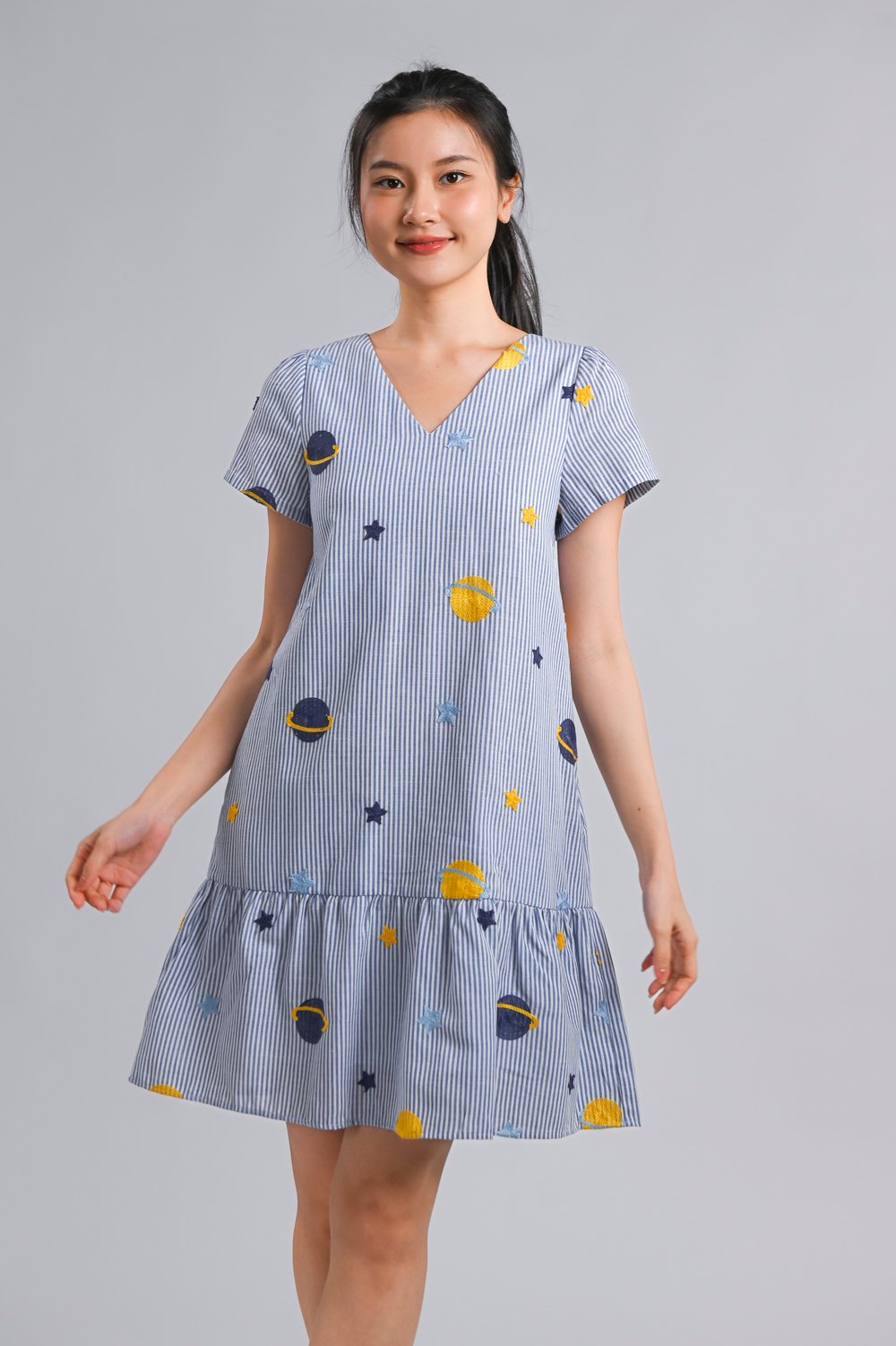 GALAXY EMB. SLEEVED DROPWAIST DRESS IN STRIPES