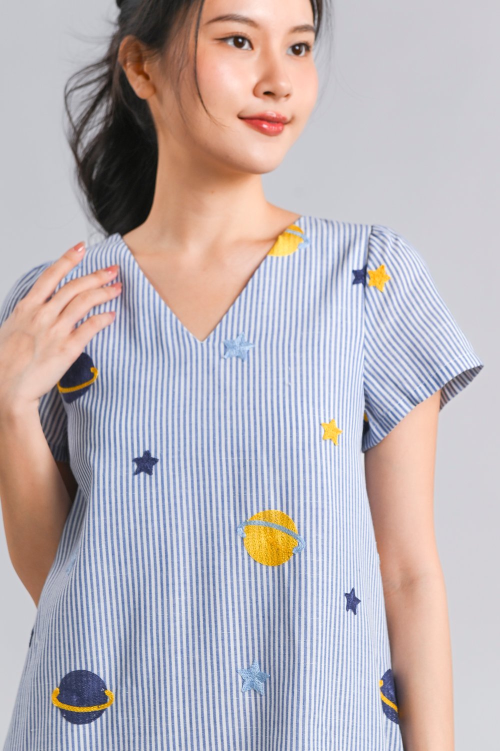 GALAXY EMB. SLEEVED DROPWAIST DRESS IN STRIPES