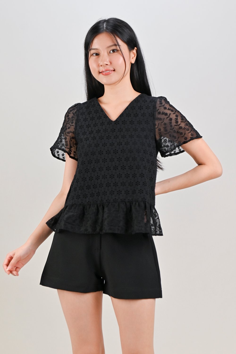 HOLLIS EYELET SLEEVED TOP IN BLACK