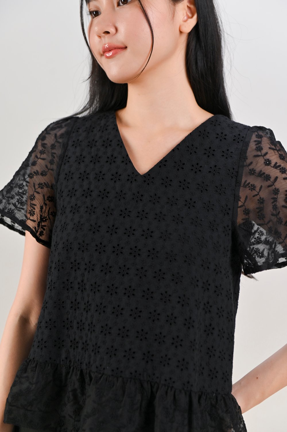 HOLLIS EYELET SLEEVED TOP IN BLACK