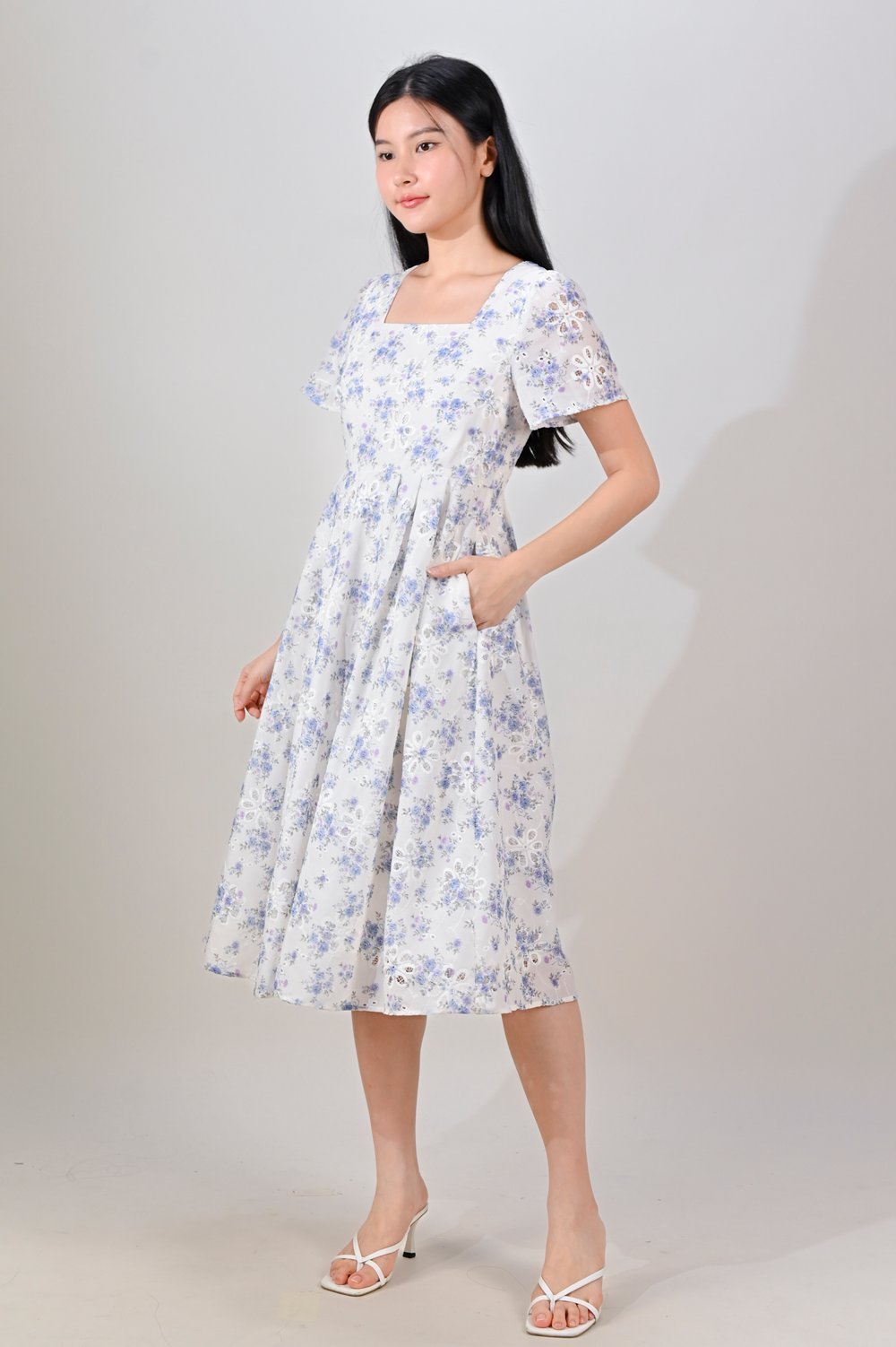 NERIDA EYELET SQUARE-NECK DRESS IN BLUE FLORAL