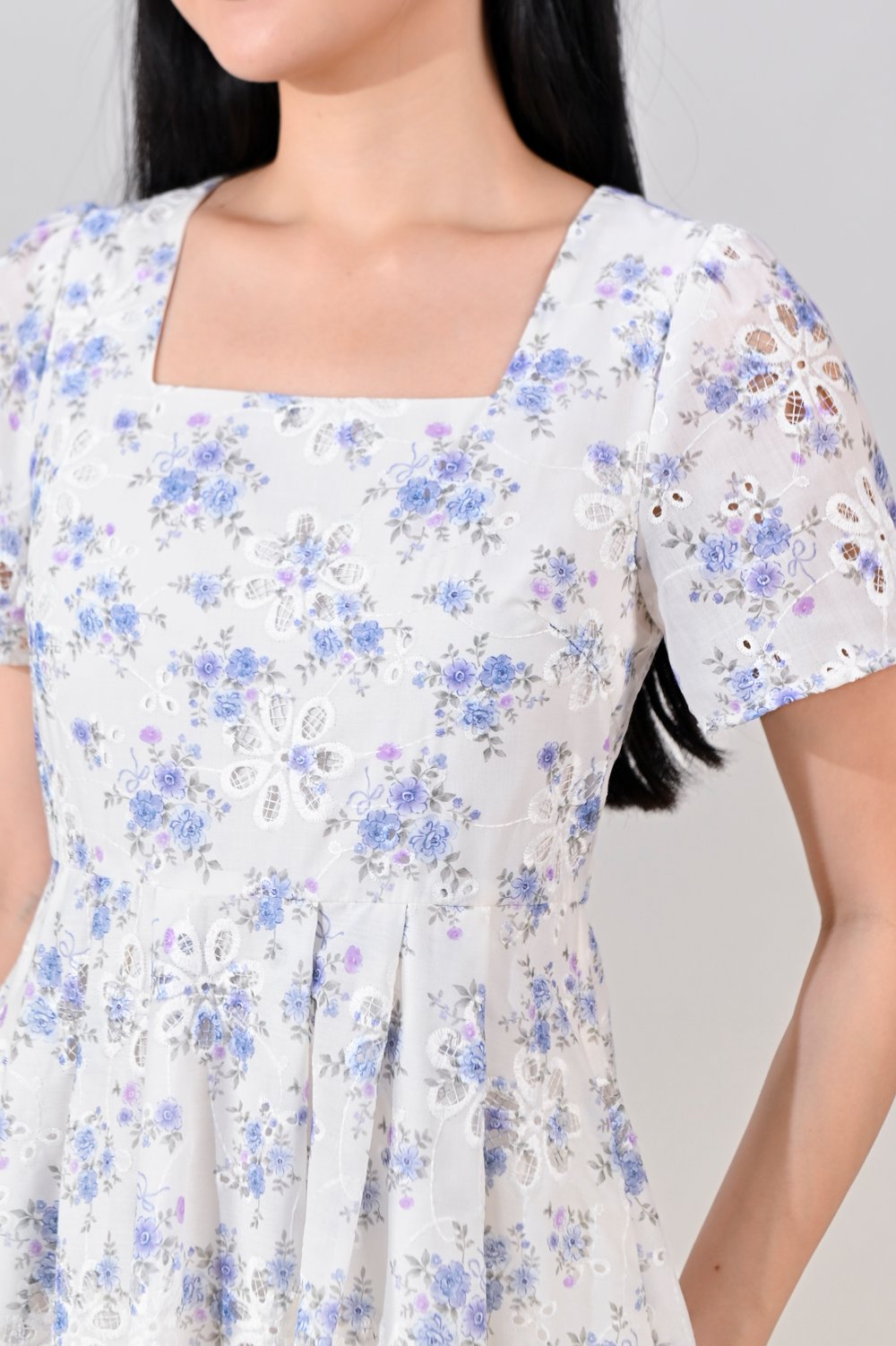 NERIDA EYELET SQUARE-NECK DRESS IN BLUE FLORAL