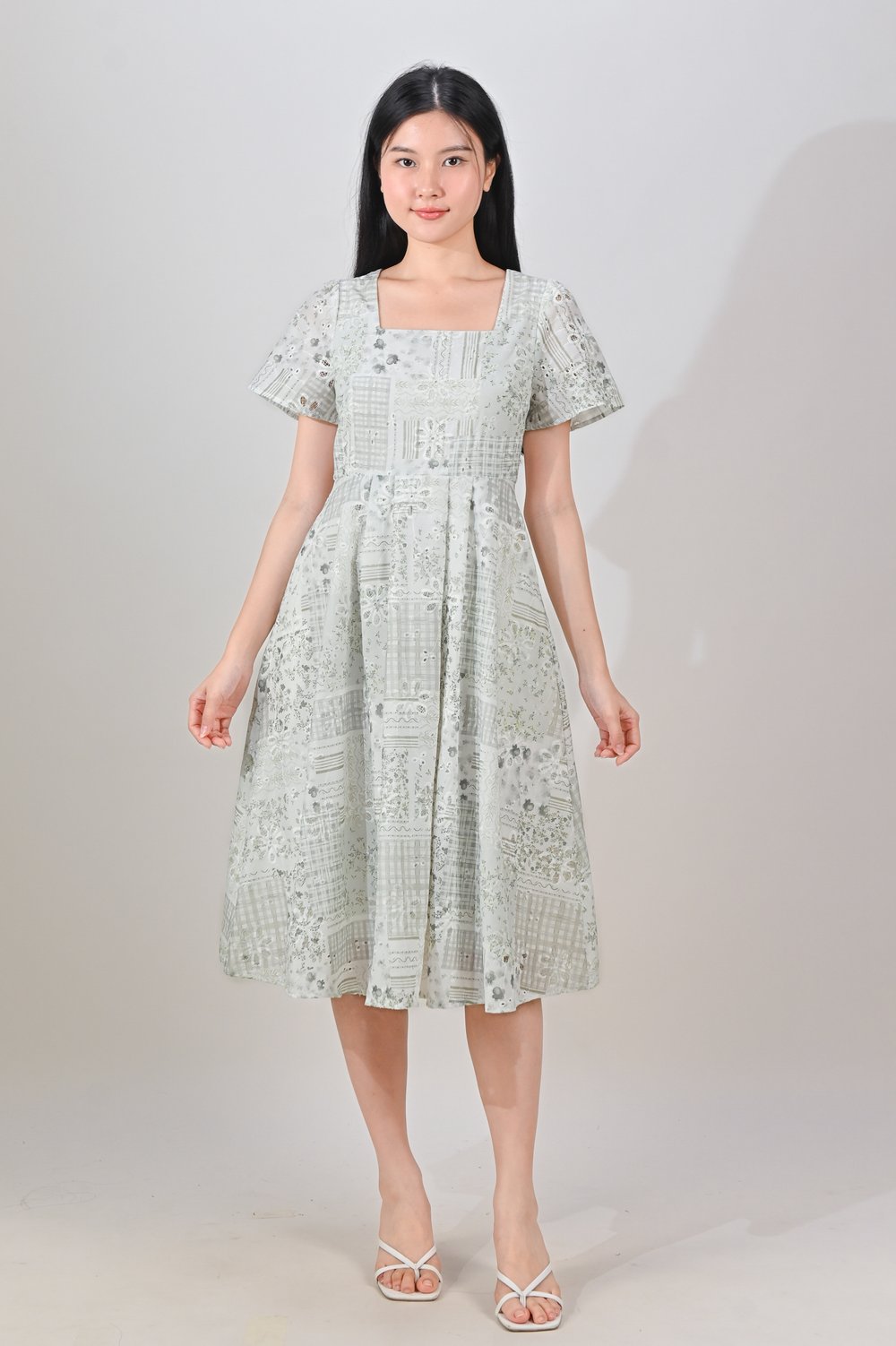 NERIDA EYELET SQUARE-NECK DRESS IN GREEN PATCHWORK
