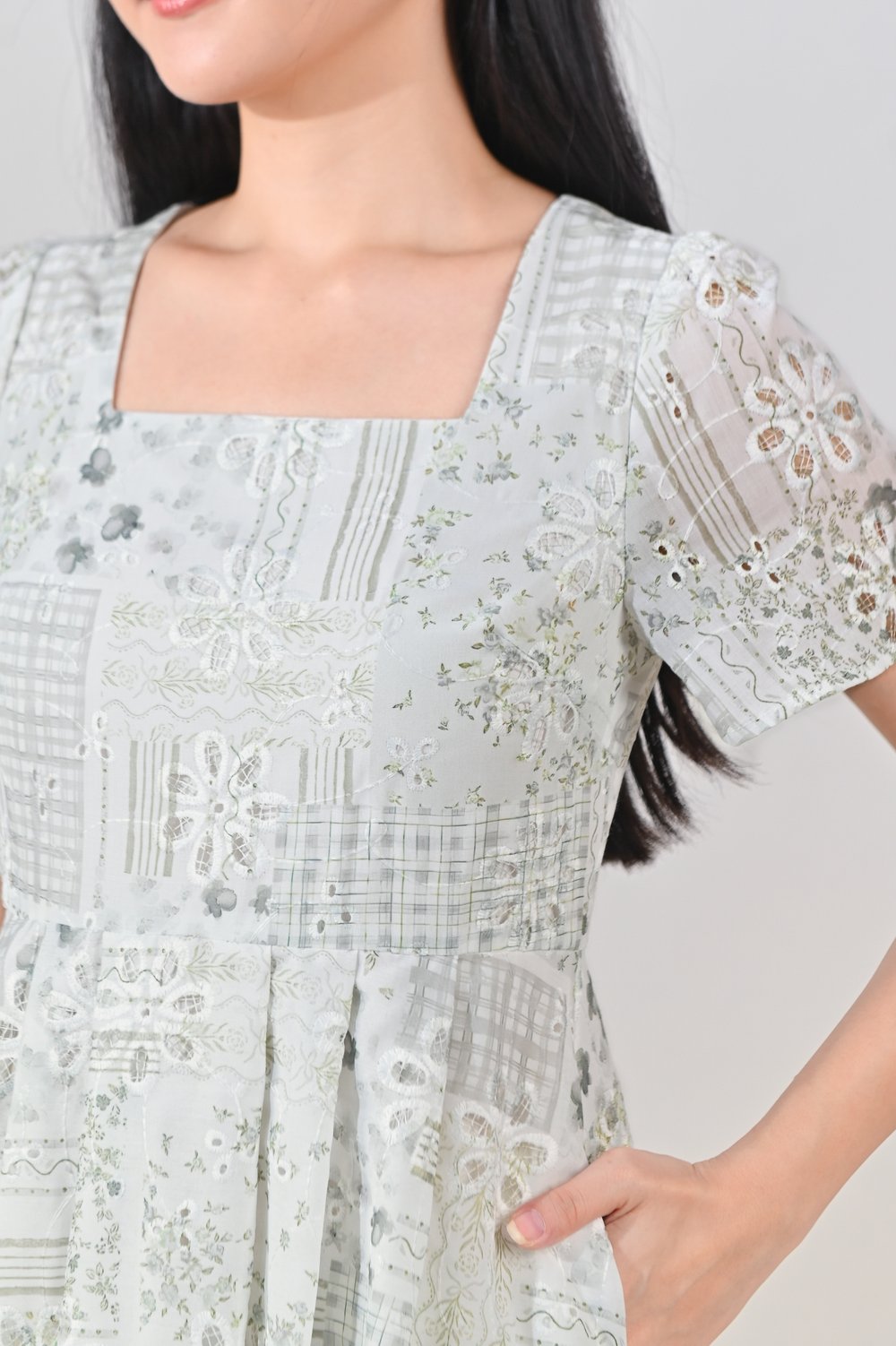 NERIDA EYELET SQUARE-NECK DRESS IN GREEN PATCHWORK