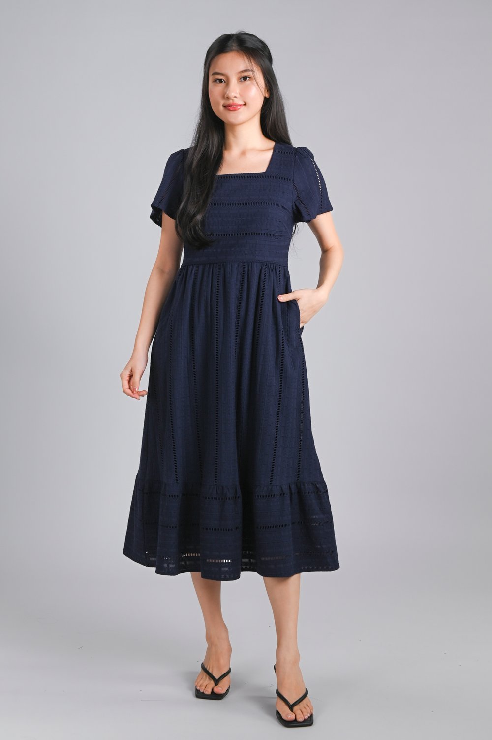 YORK EYELET SQUARE-NECK SLEEVED MIDI DRESS IN NAVY