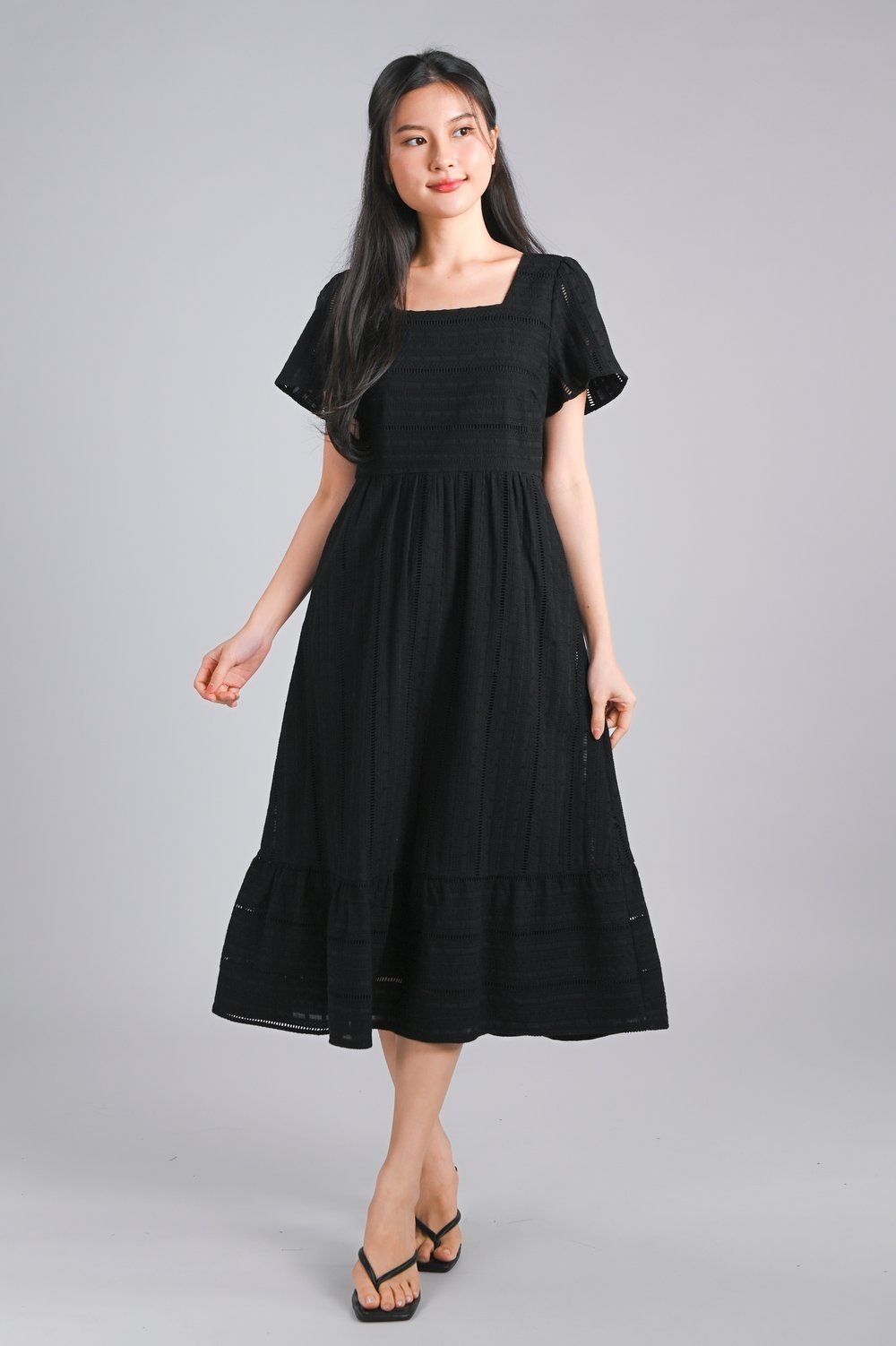 YORK EYELET SQUARE-NECK SLEEVED MIDI DRESS IN BLACK