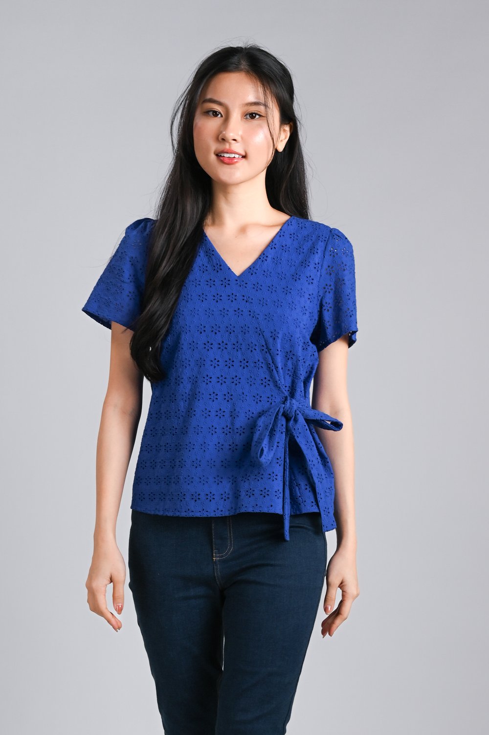 JINXI EYELET TIE-SASH TOP IN COBALT BLUE